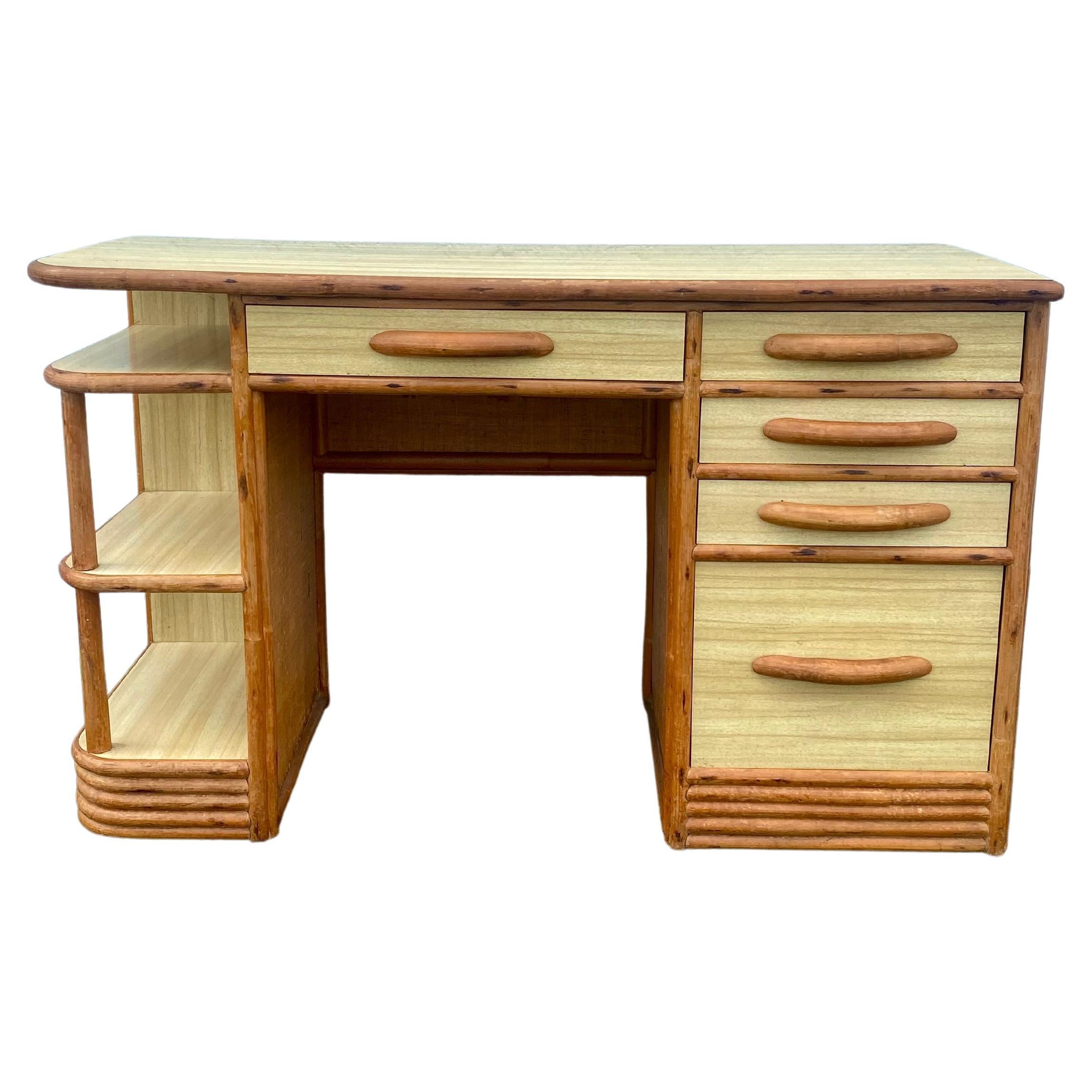 1950s Mid Century Rattan Grasscloth Streamline Wood Desk For Sale