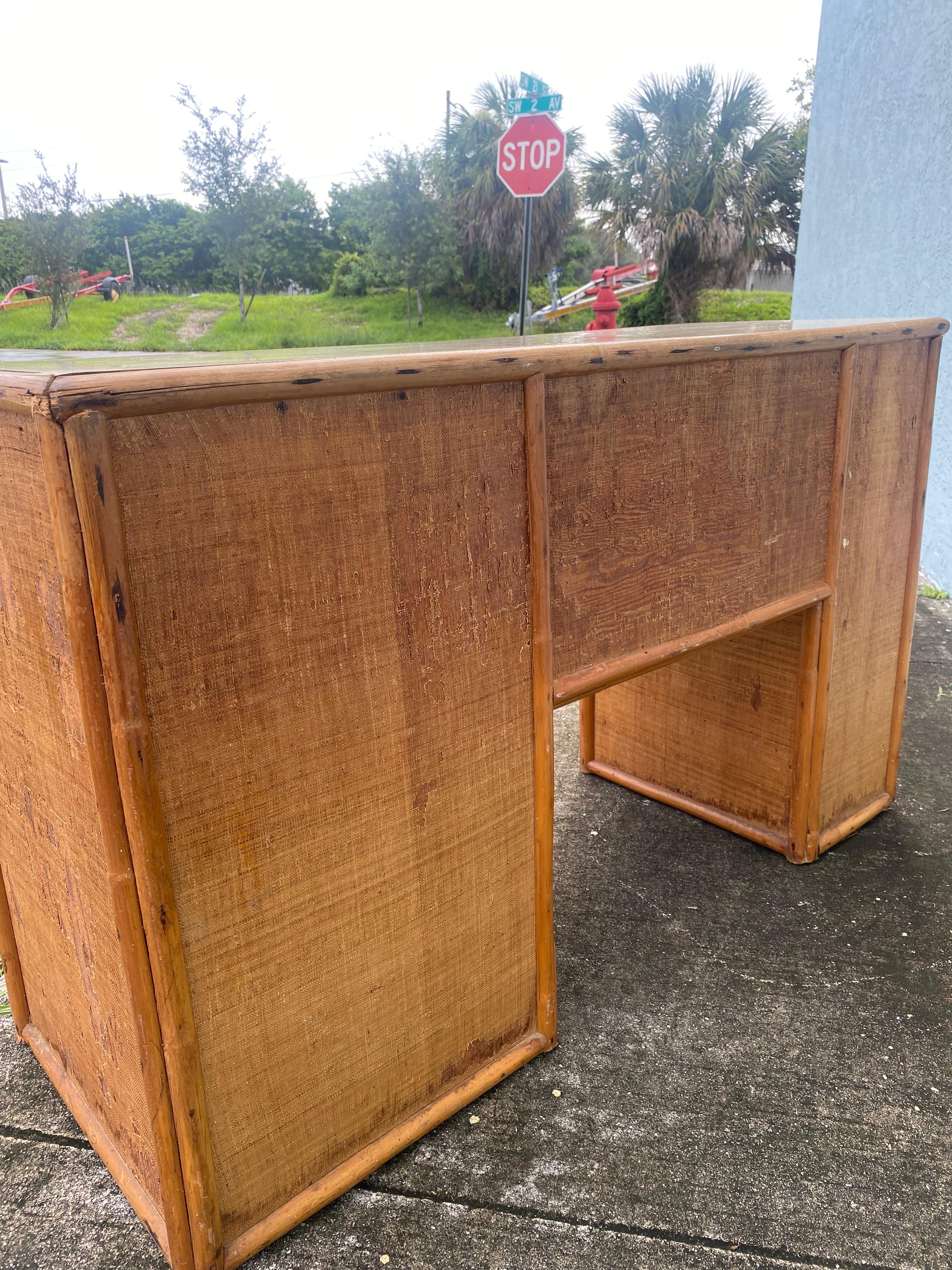 1950s Mid Century Rattan Grasscloth Streamline Wood Desk For Sale 4