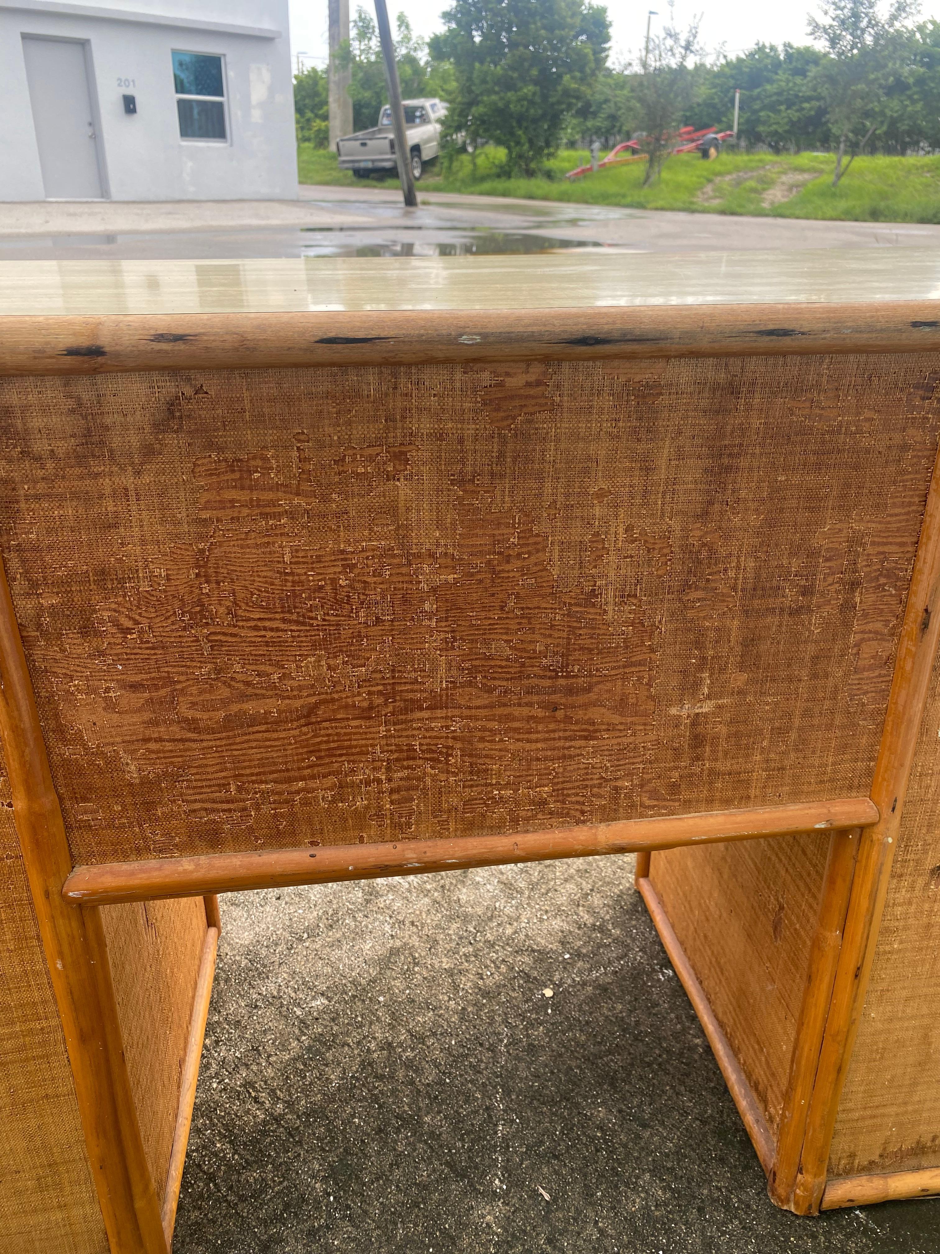 1950s Mid Century Rattan Grasscloth Streamline Wood Desk For Sale 5