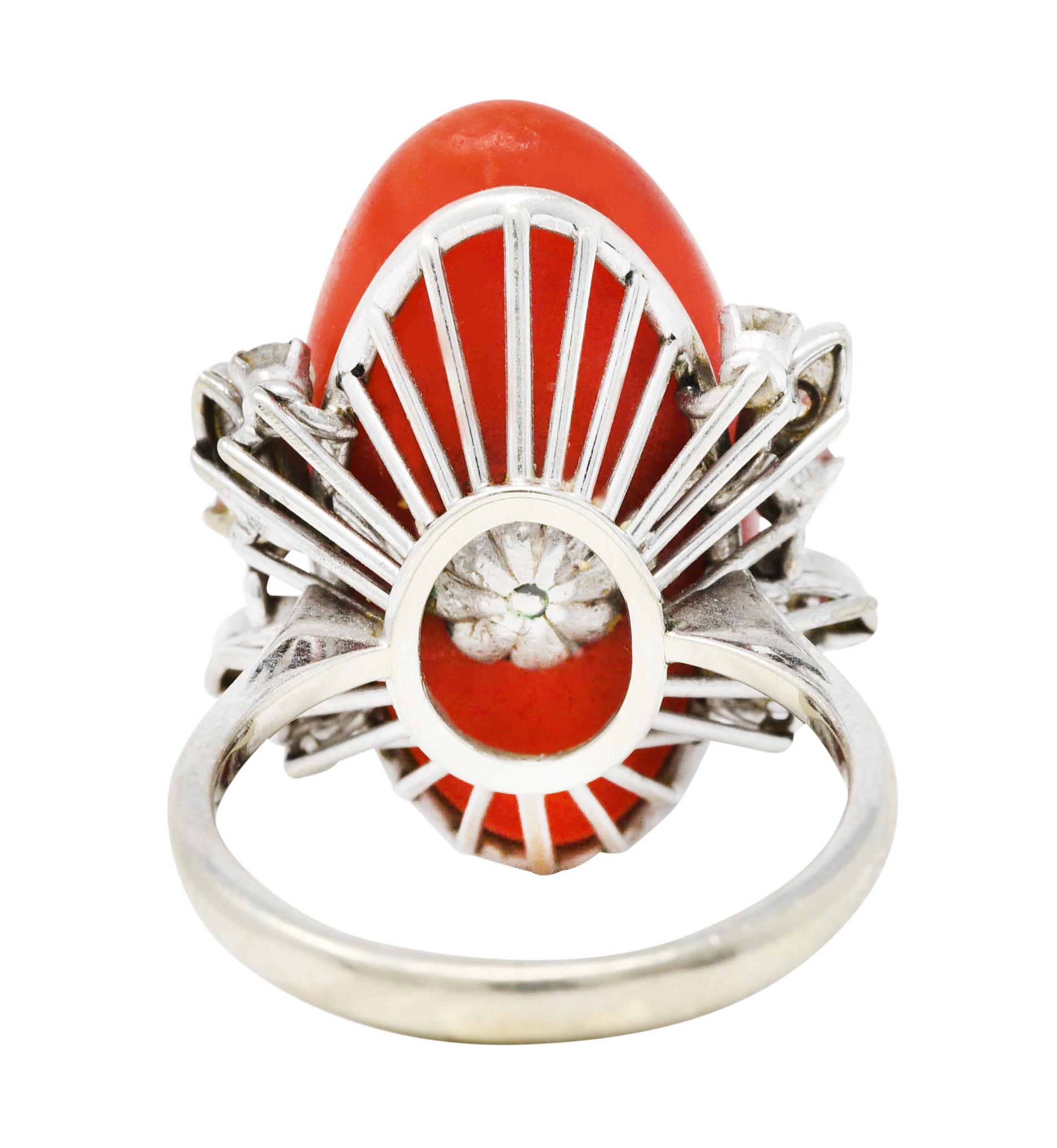 Retro 1950's Mid-Century Red Coral Diamond 18 Karat White Gold Cocktail Ring