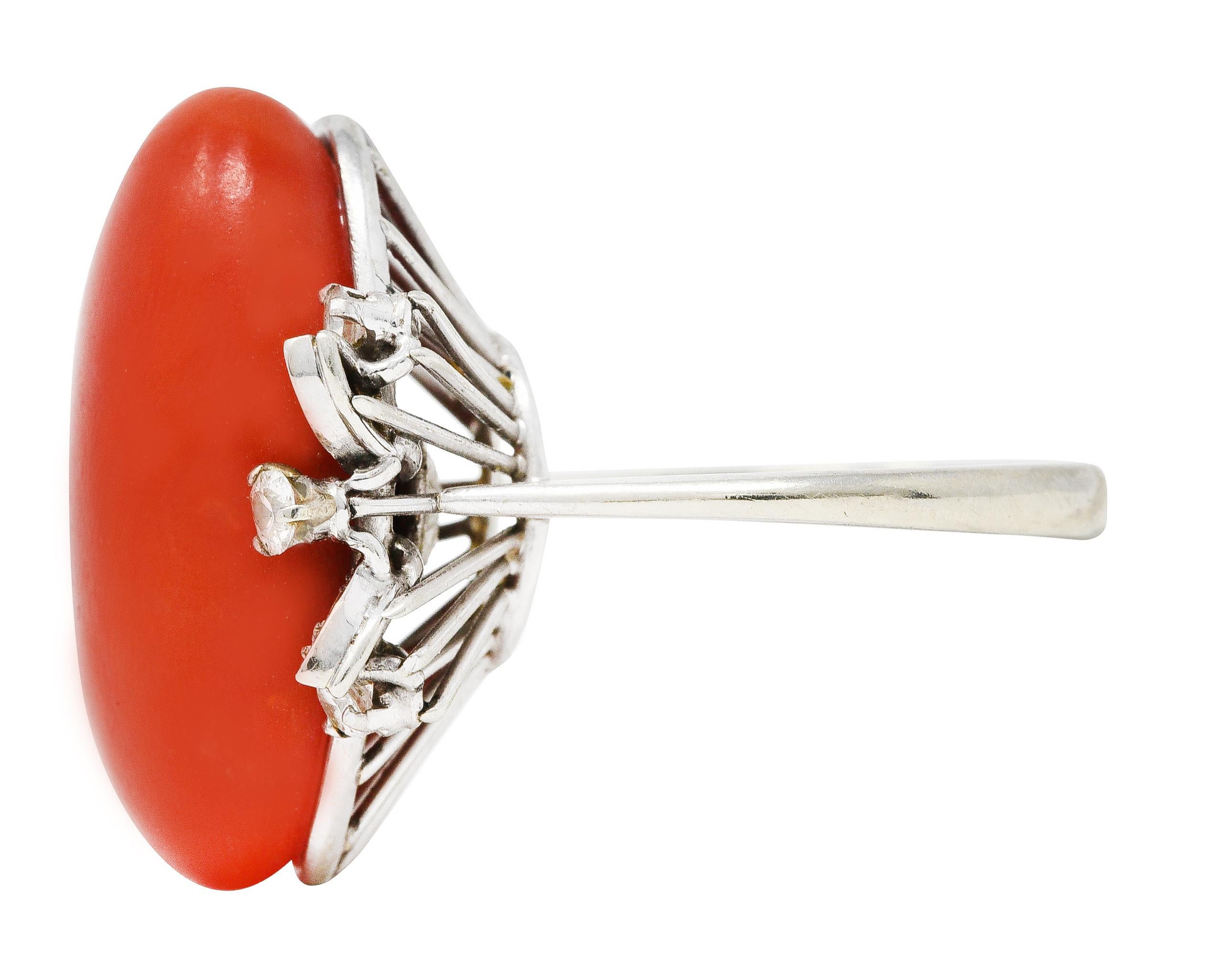 Oval Cut 1950's Mid-Century Red Coral Diamond 18 Karat White Gold Cocktail Ring