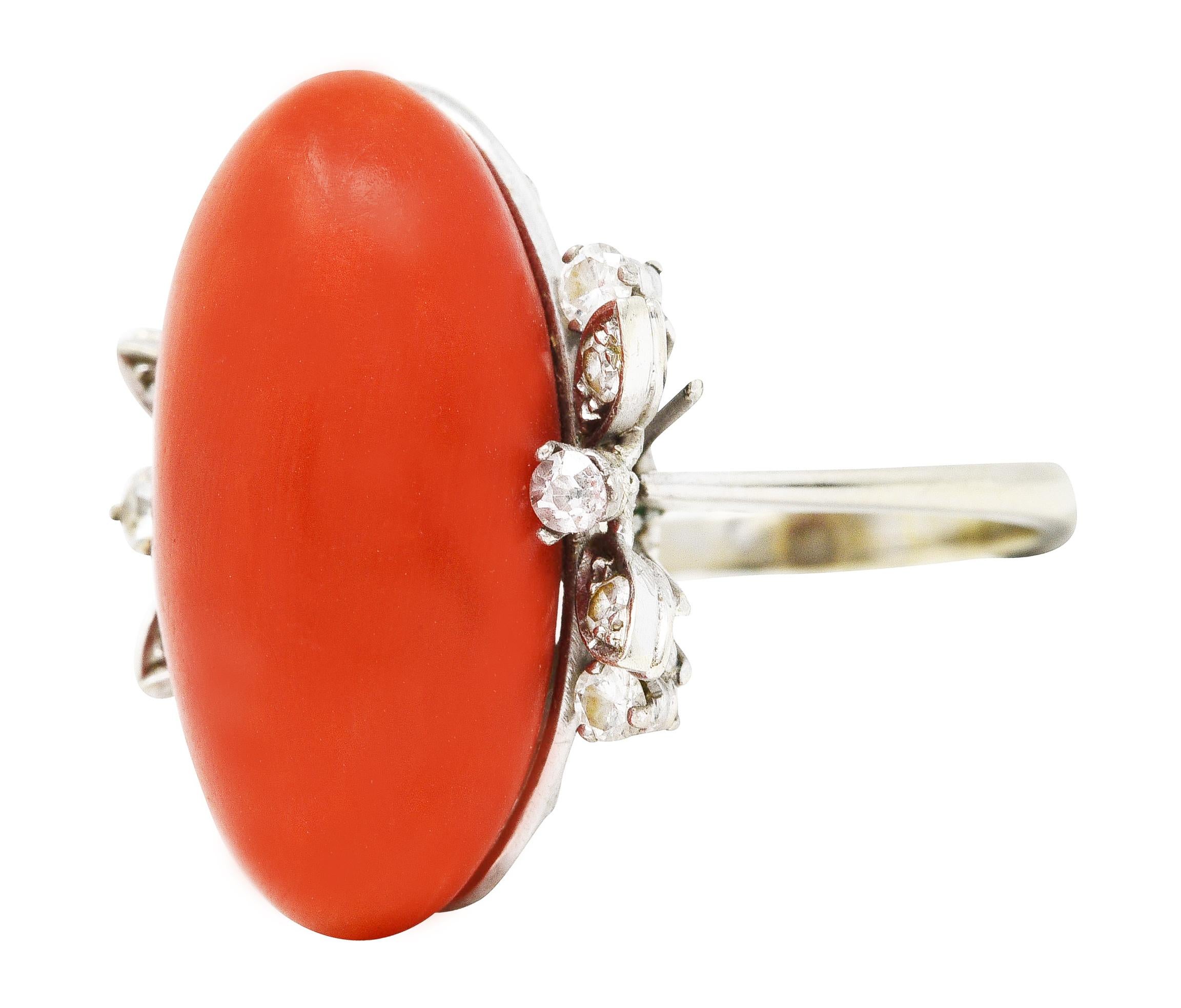 1950's Mid-Century Red Coral Diamond 18 Karat White Gold Cocktail Ring In Excellent Condition In Philadelphia, PA