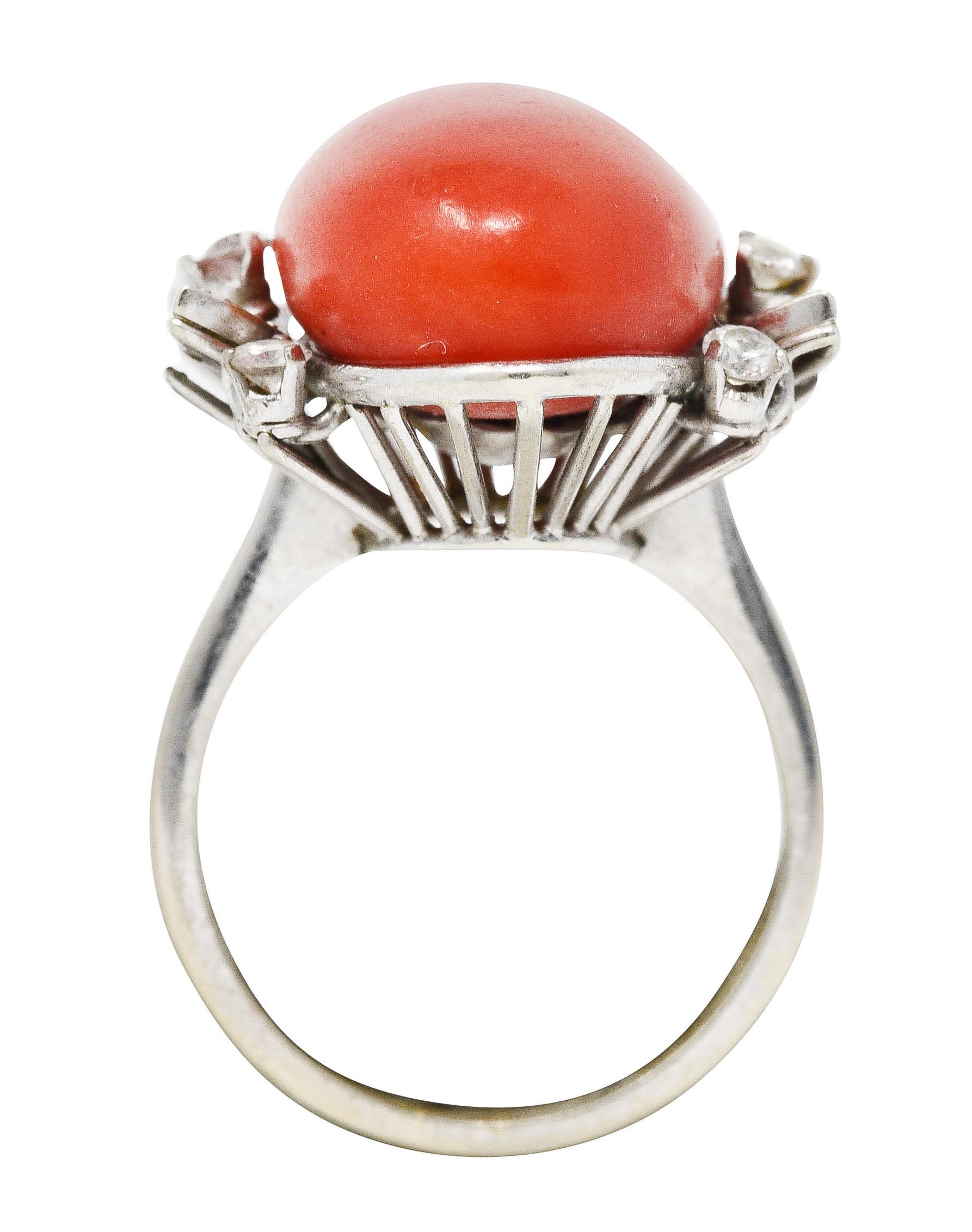 Women's or Men's 1950's Mid-Century Red Coral Diamond 18 Karat White Gold Cocktail Ring