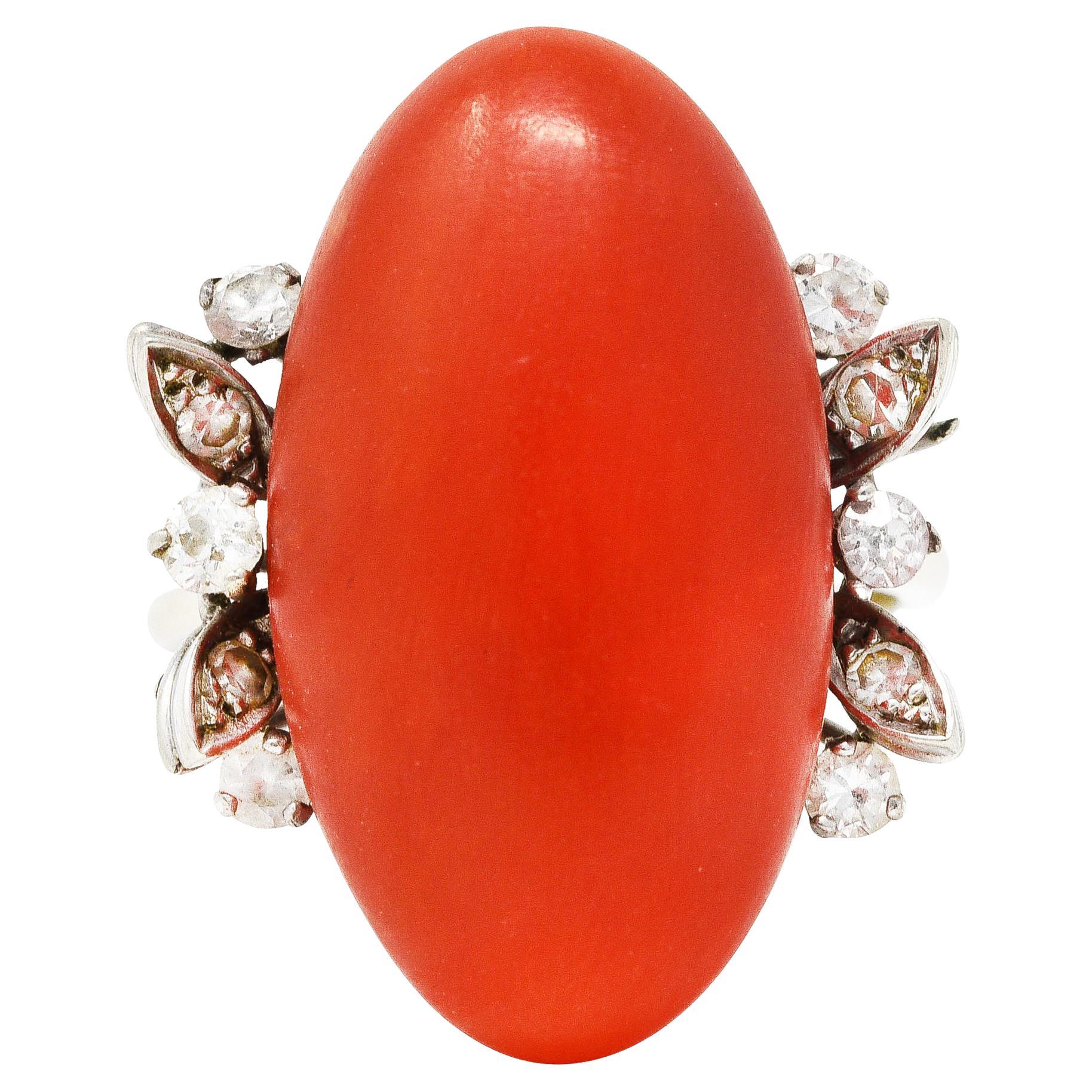 1950's Mid-Century Red Coral Diamond 18 Karat White Gold Cocktail Ring