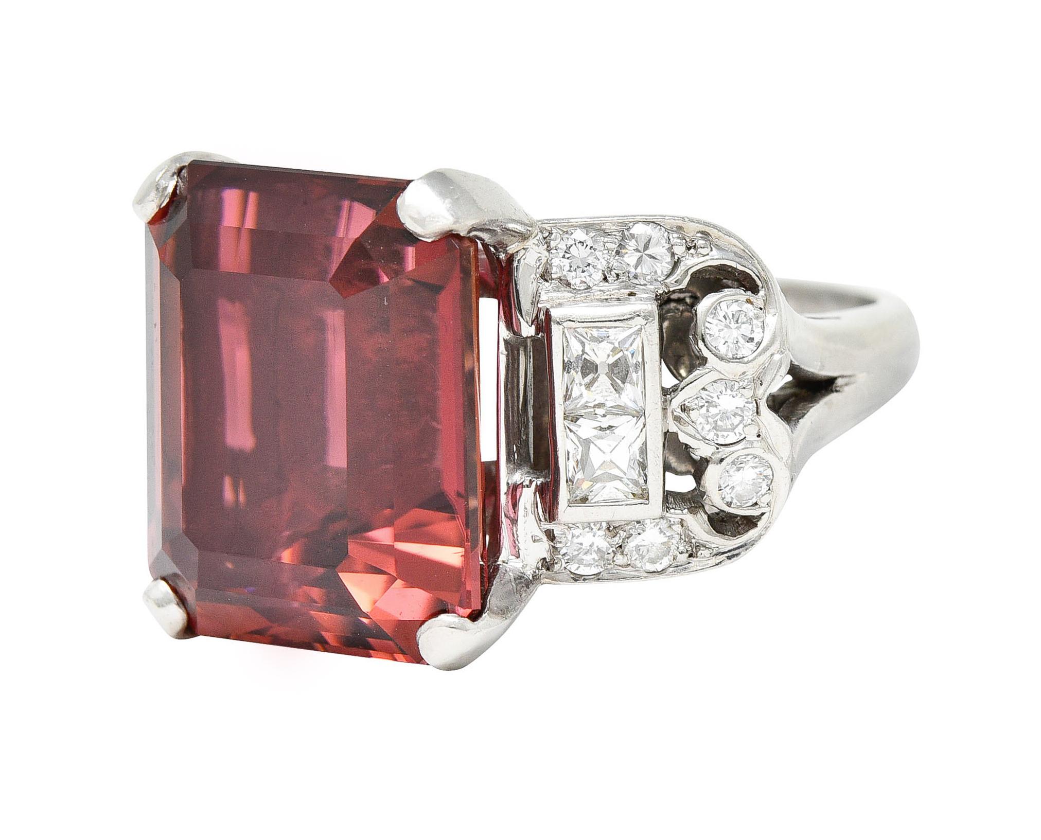 Women's or Men's 1950's Mid-Century Rubellite Diamond Palladium Cocktail Ring