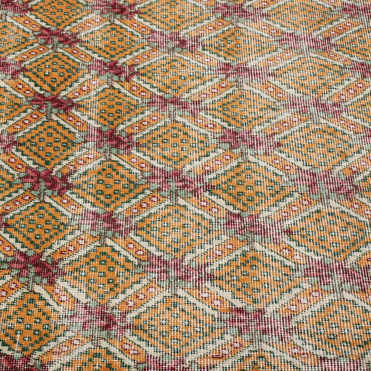 1950s Midcentury Rug Gold Pink Distressed Vintage Art Deco Runner by Rug & Kilim In Good Condition For Sale In Long Island City, NY