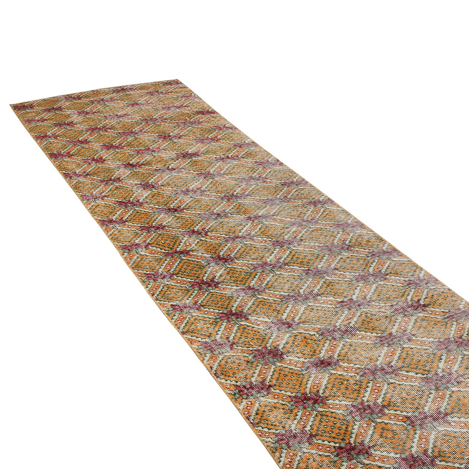 Mid-20th Century 1950s Midcentury Rug Gold Pink Distressed Vintage Art Deco Runner by Rug & Kilim For Sale