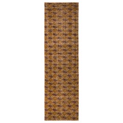 1950s Mid-Century Rug Gold Pink Distressed Hand-Knotted Vintage Art Deco Runner