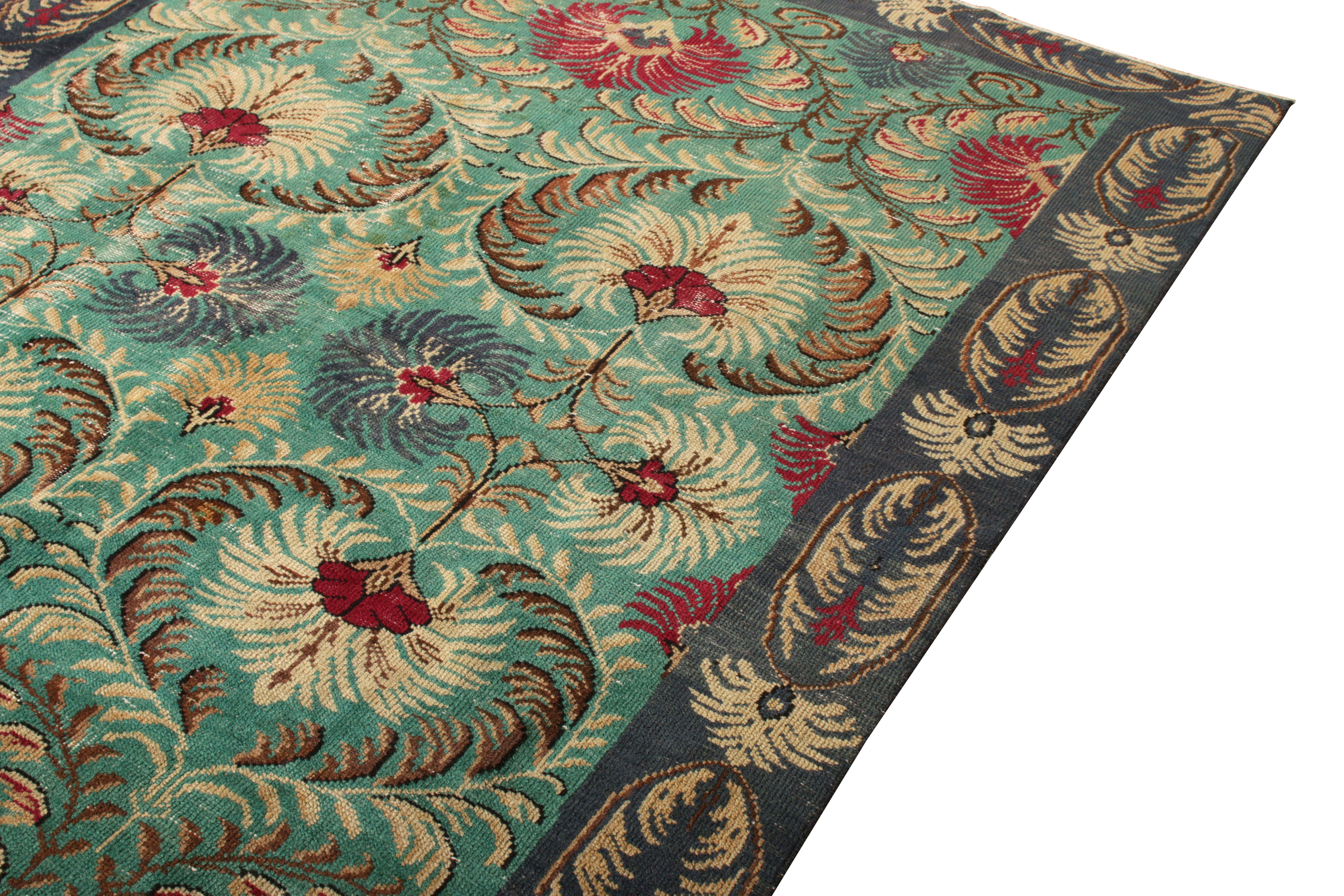 Art Deco 1950s Midcentury Rug Green Floral Vintage Turkish Carpet
