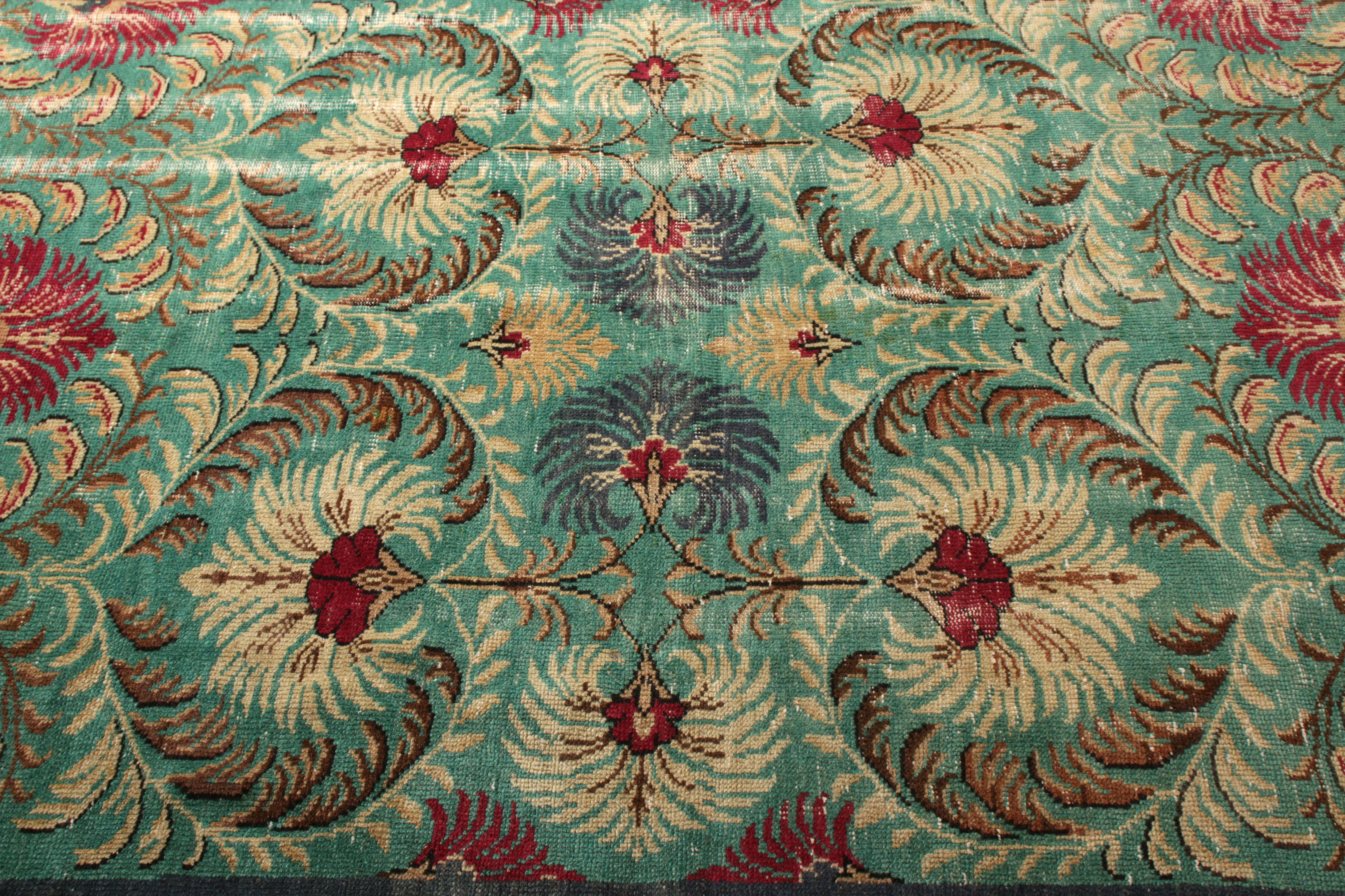 Hand-Knotted 1950s Midcentury Rug Green Floral Vintage Turkish Carpet