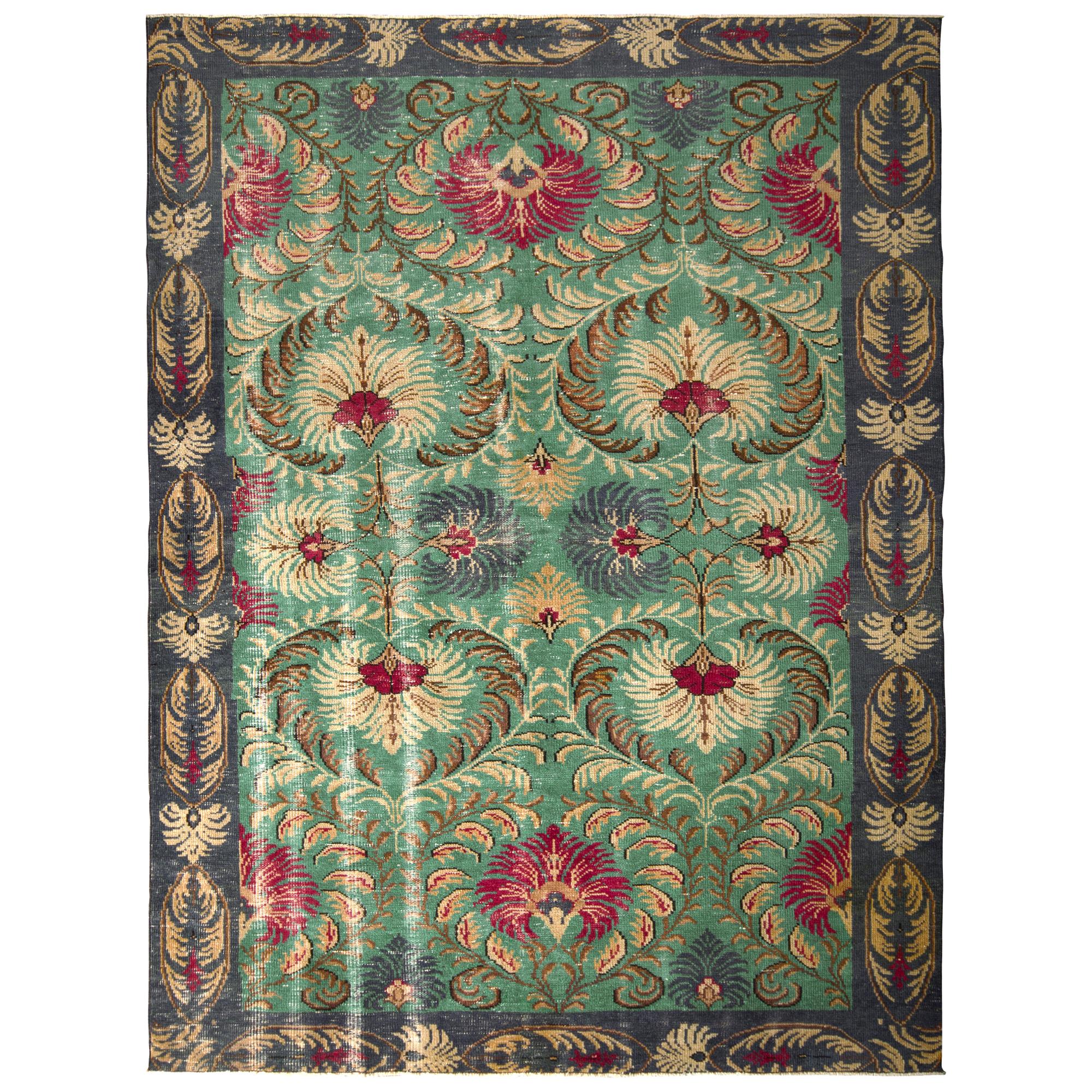 1950s Midcentury Rug Green Floral Vintage Turkish Carpet