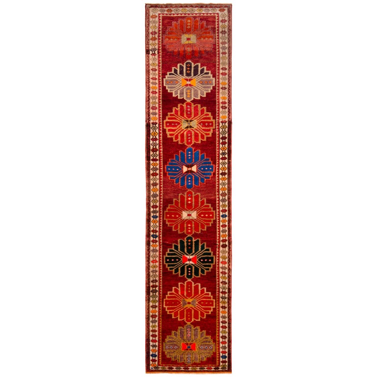 1950s Midcentury Runner Geometric Vintage Red Rug For Sale at 1stDibs