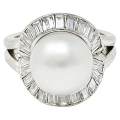 1950's Mid-Century South Sea Pearl 1.75 Carats Diamond Platinum Cocktail Ring