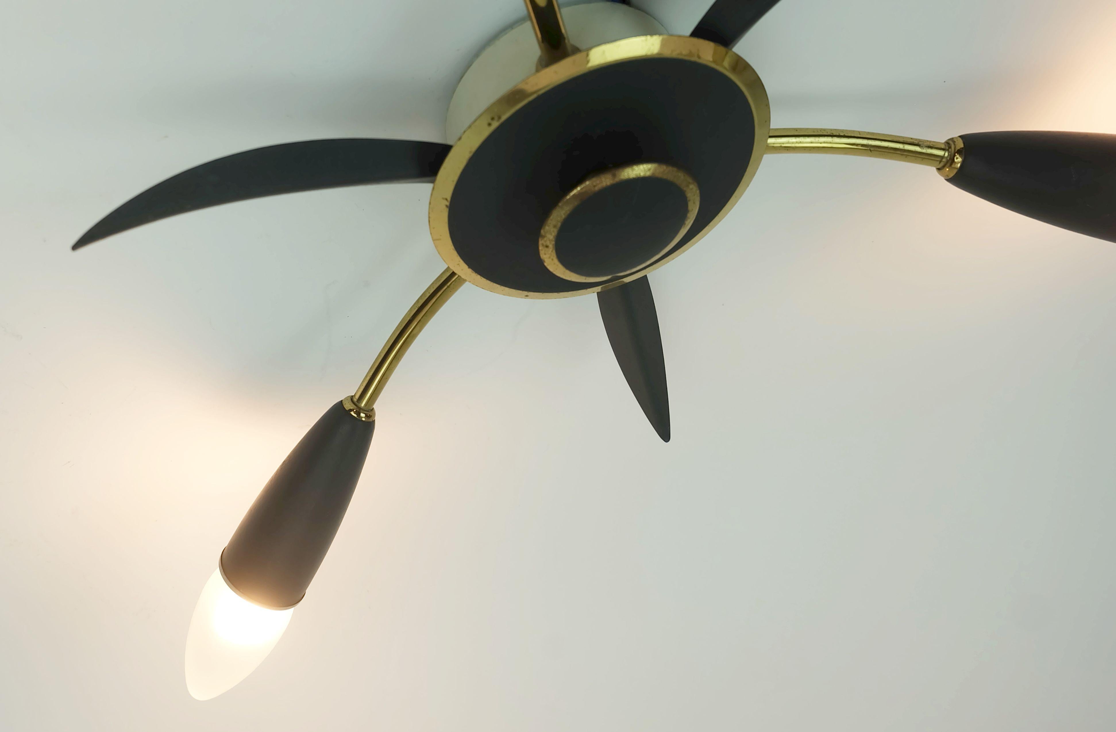 BRAS DE PLAFOND Sputnik à 3 lumières, laiton et métal gris foncé, années 50, milieu du siècle dernier en vente 5