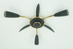 1950s mid century sputnik 3-light CEILING FIXTURE brass and dark grey metal