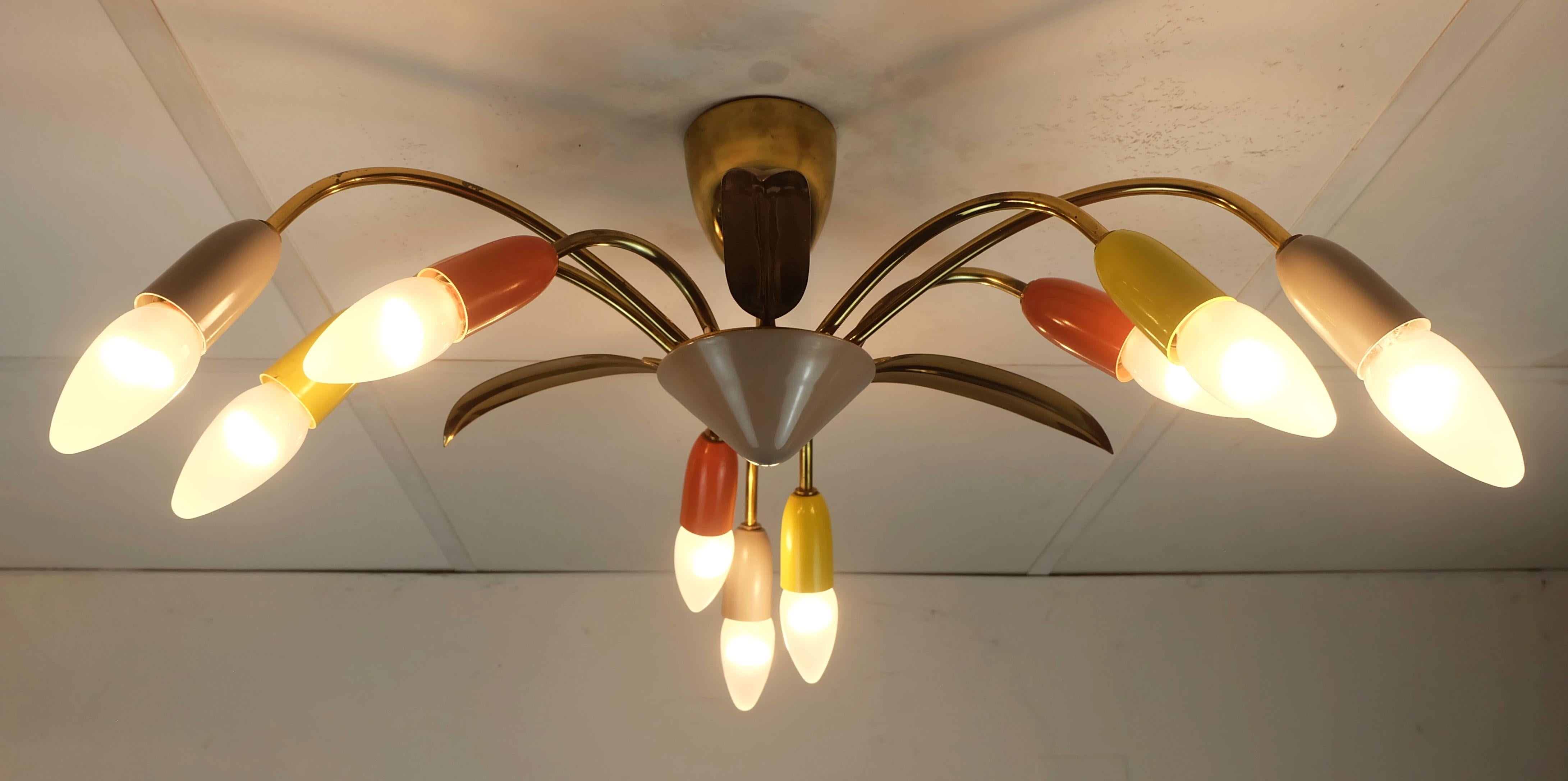1950s mid century sputnik spider 9-light CEILING LAMP chandelier brass metal For Sale 3