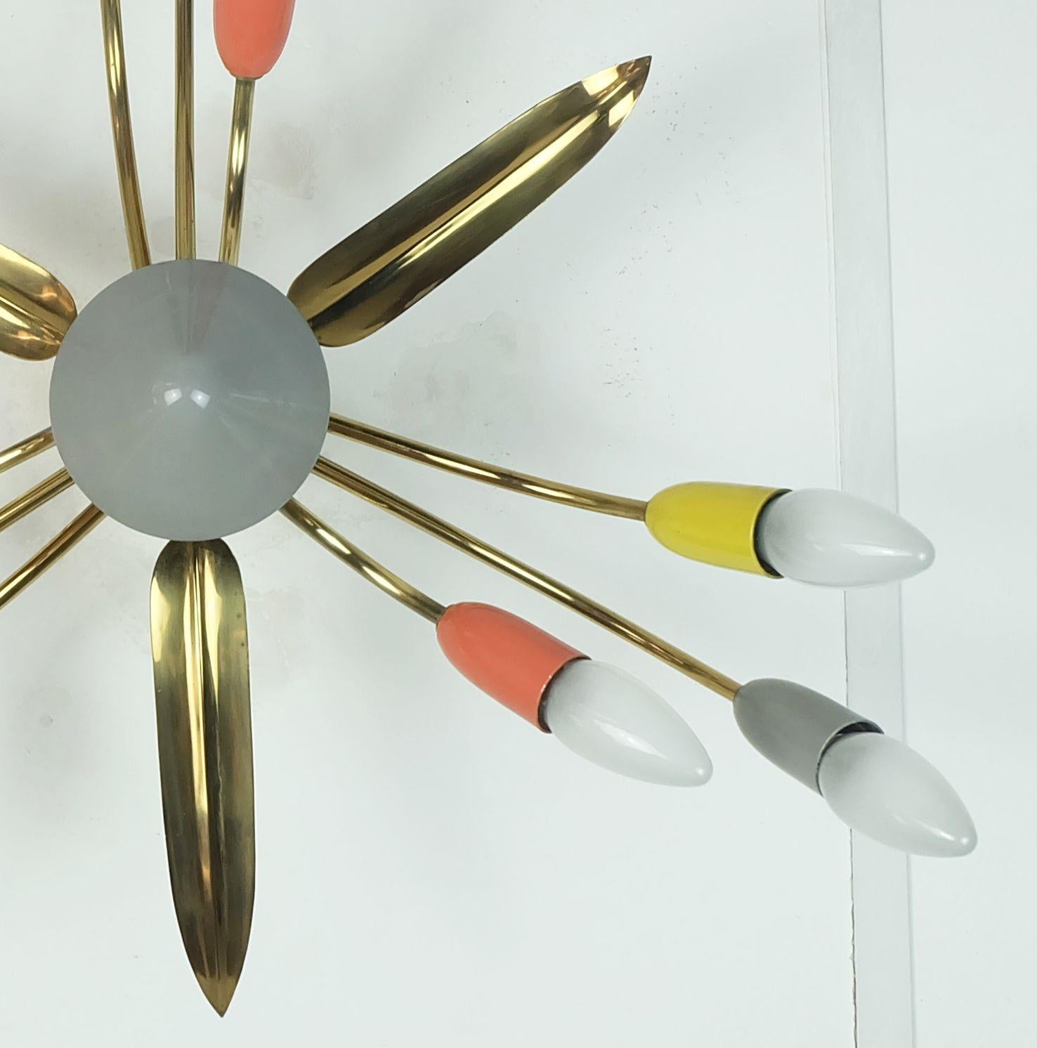 Mid-Century Modern 1950s mid century sputnik spider 9-light CEILING LAMP chandelier brass metal For Sale