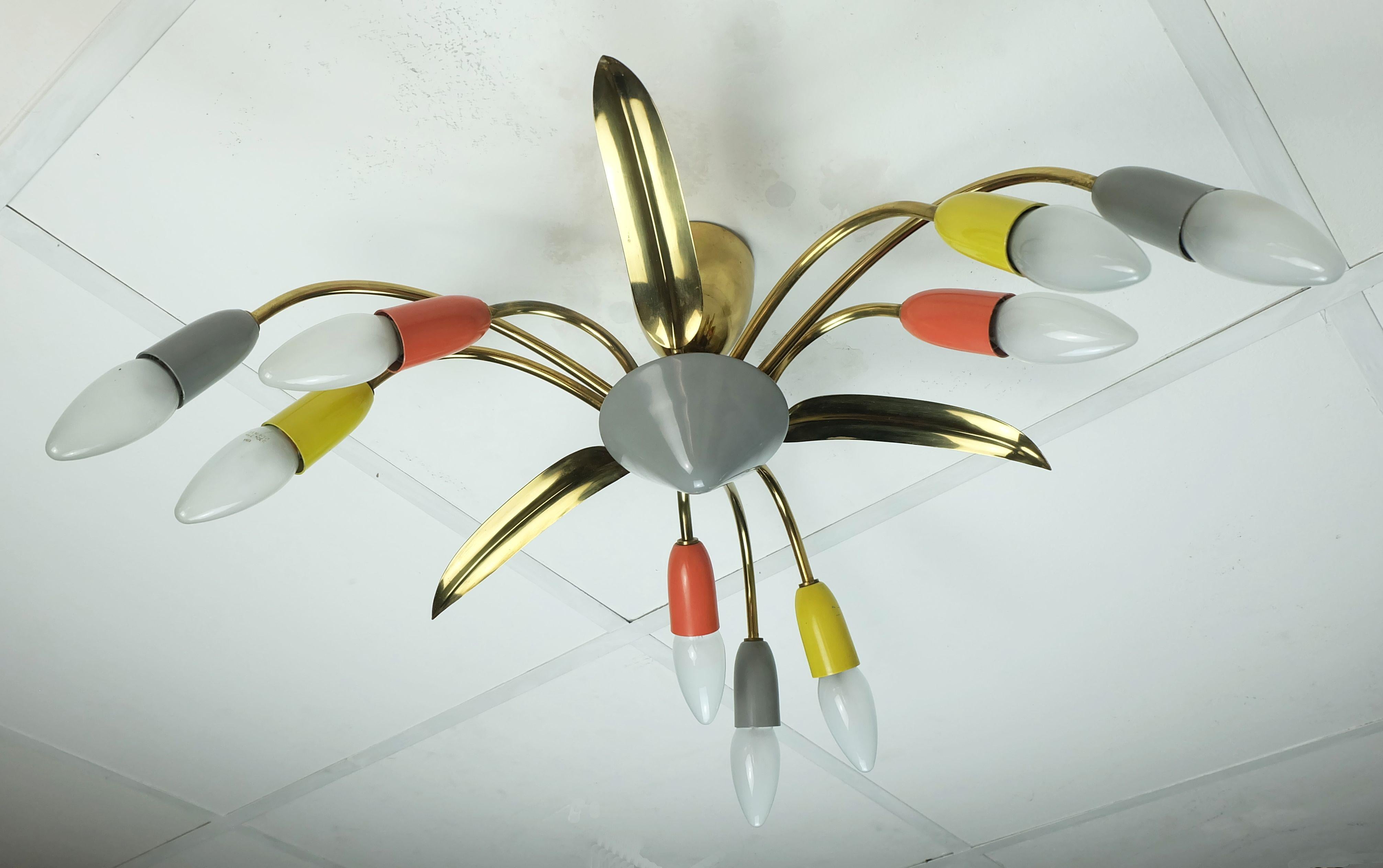German 1950s mid century sputnik spider 9-light CEILING LAMP chandelier brass metal For Sale