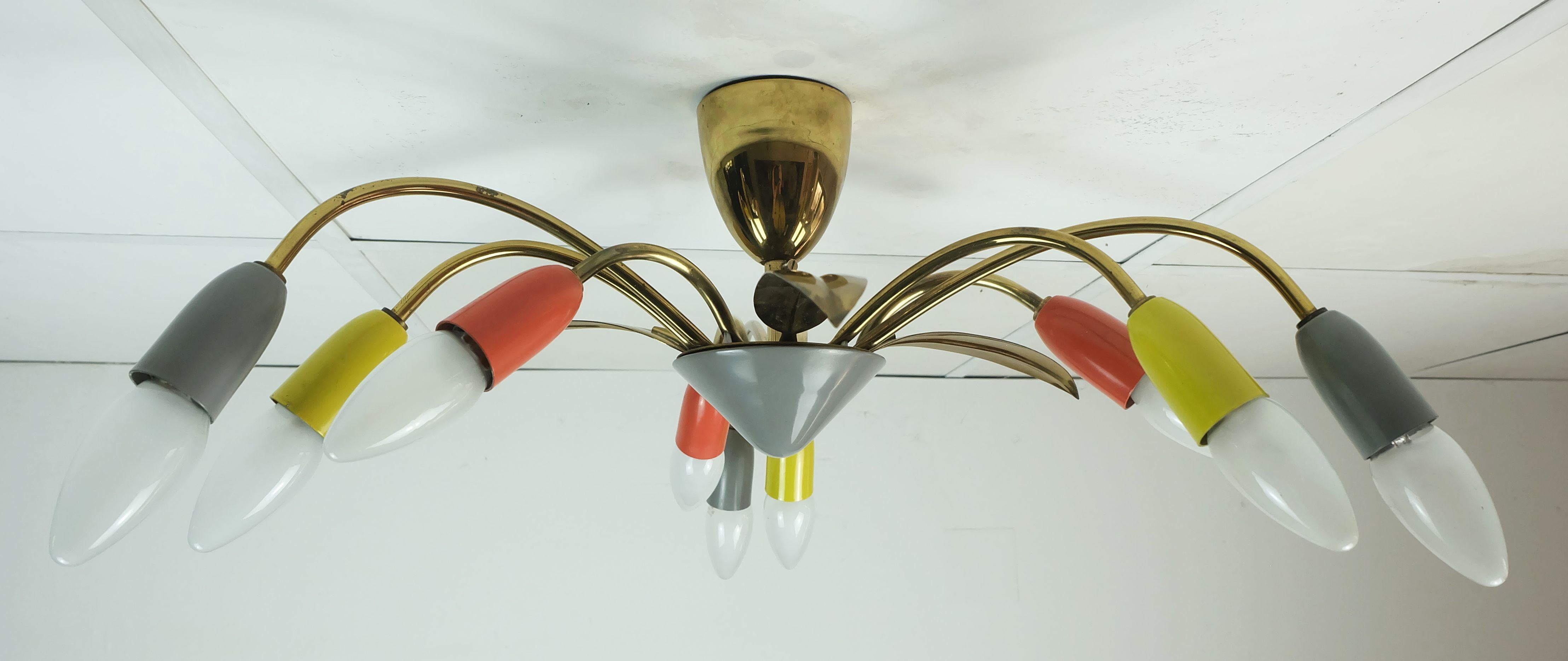 Mid-20th Century 1950s mid century sputnik spider 9-light CEILING LAMP chandelier brass metal For Sale