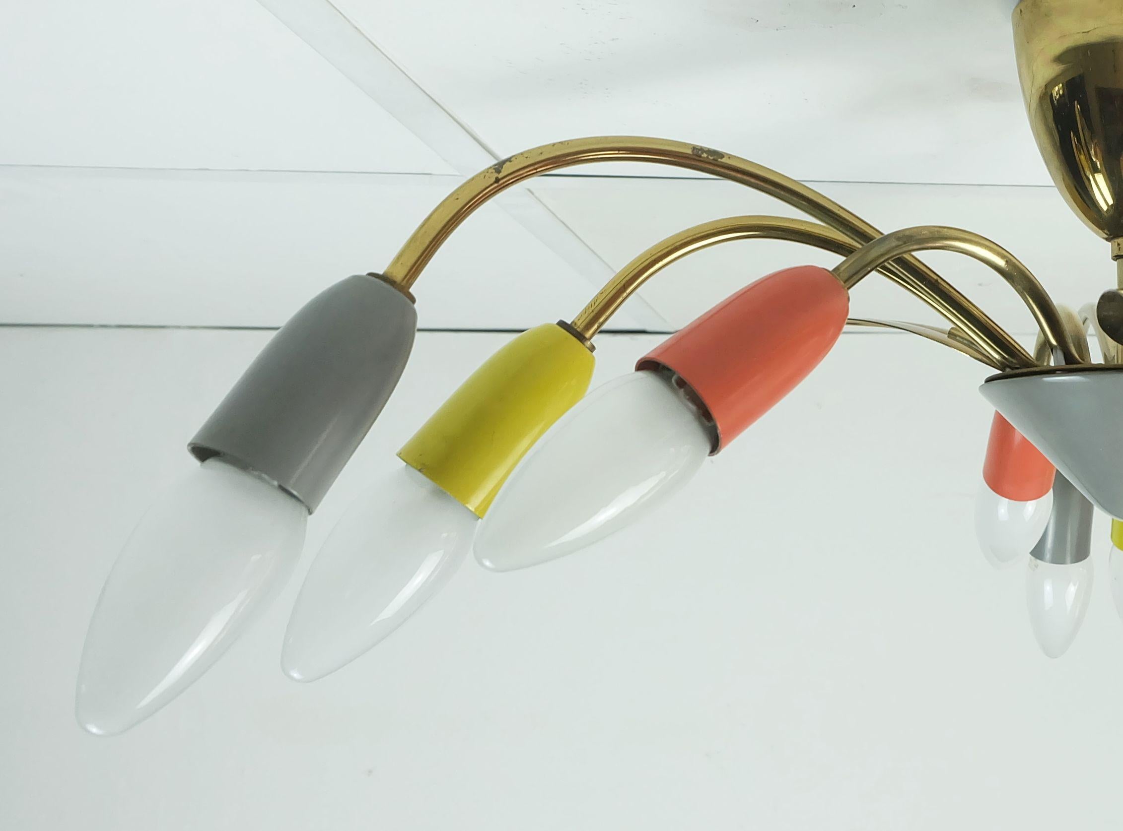 Brass 1950s mid century sputnik spider 9-light CEILING LAMP chandelier brass metal For Sale