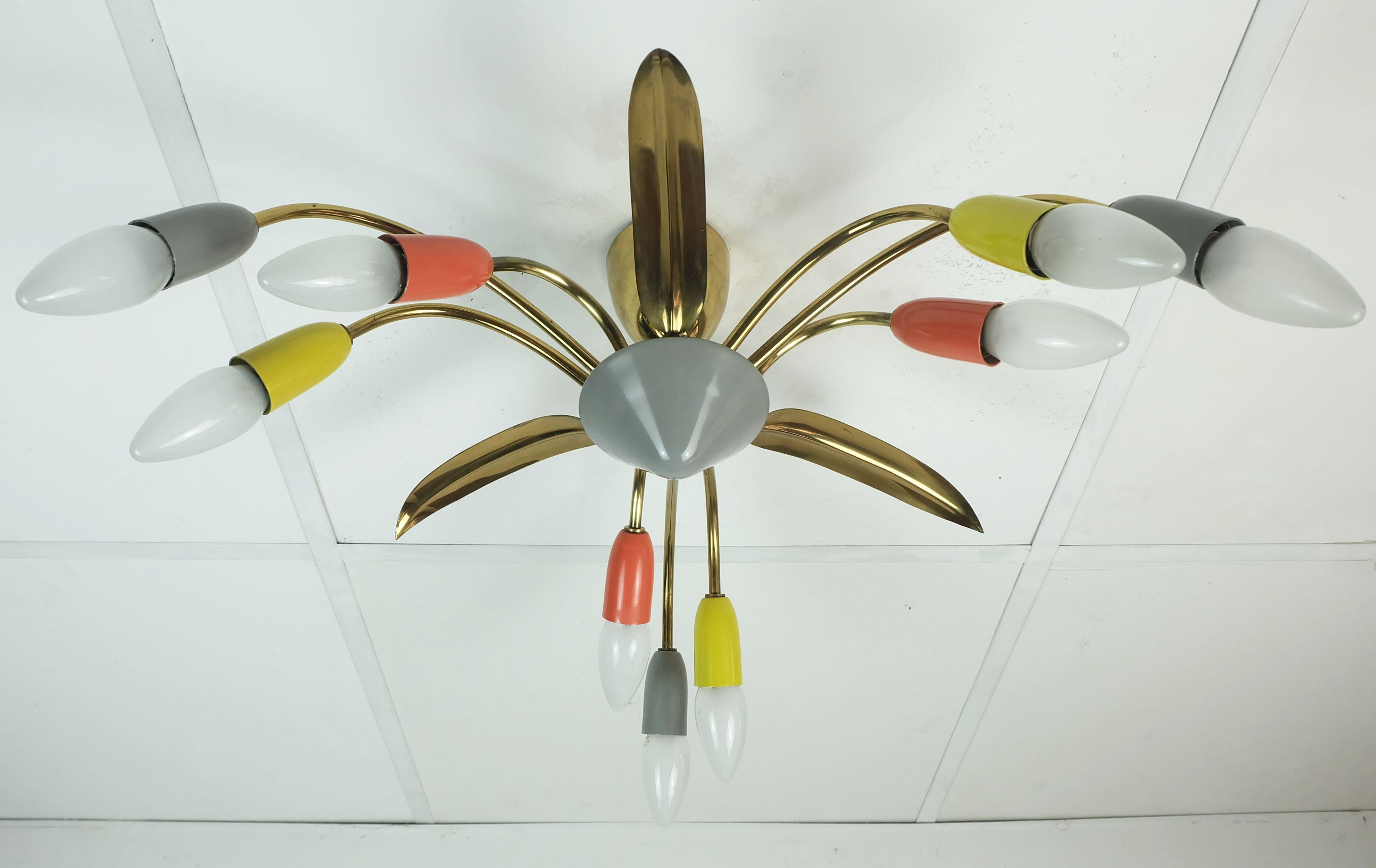 1950s mid century sputnik spider 9-light CEILING LAMP chandelier brass metal For Sale 2