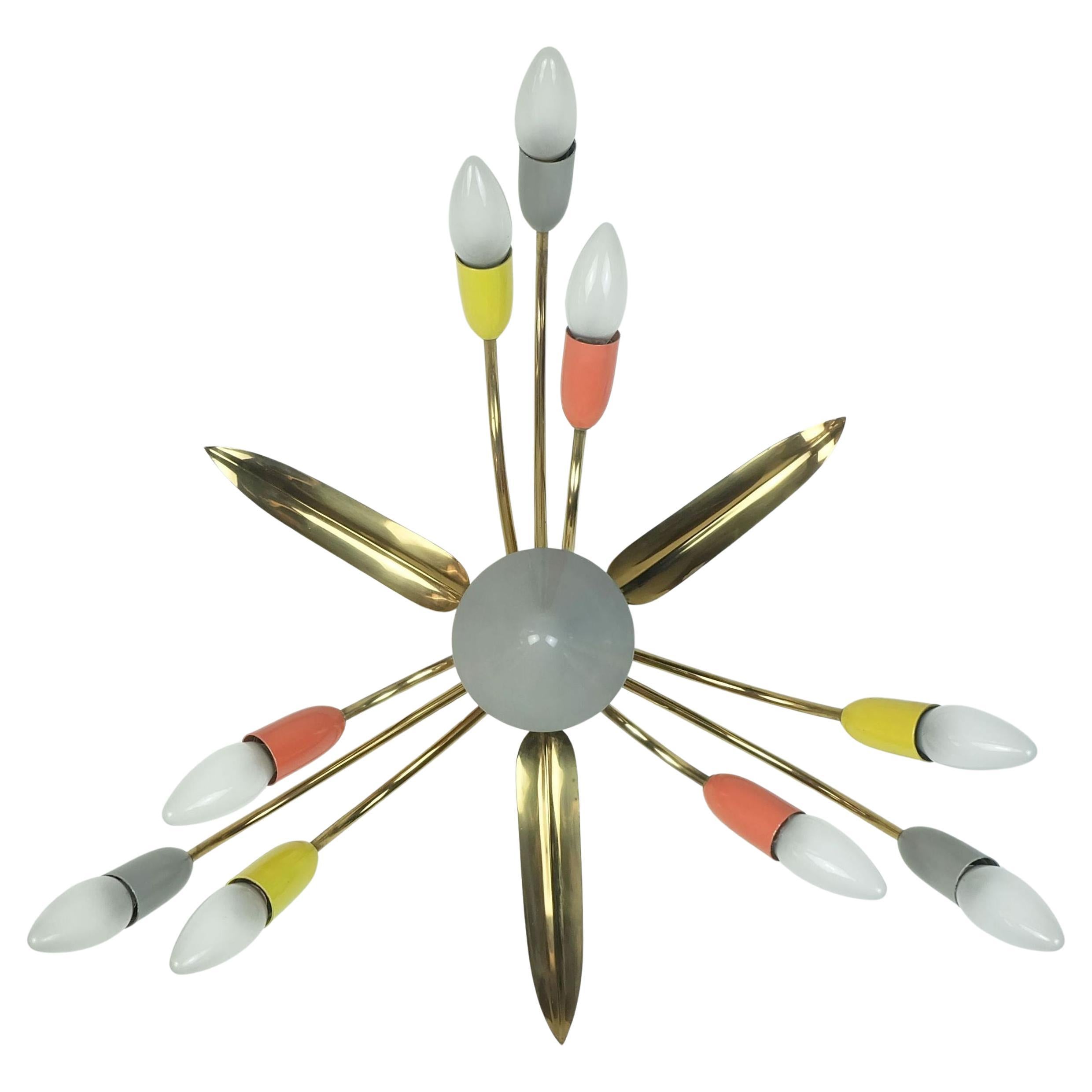 1950s mid century sputnik spider 9-light CEILING LAMP chandelier brass metal For Sale