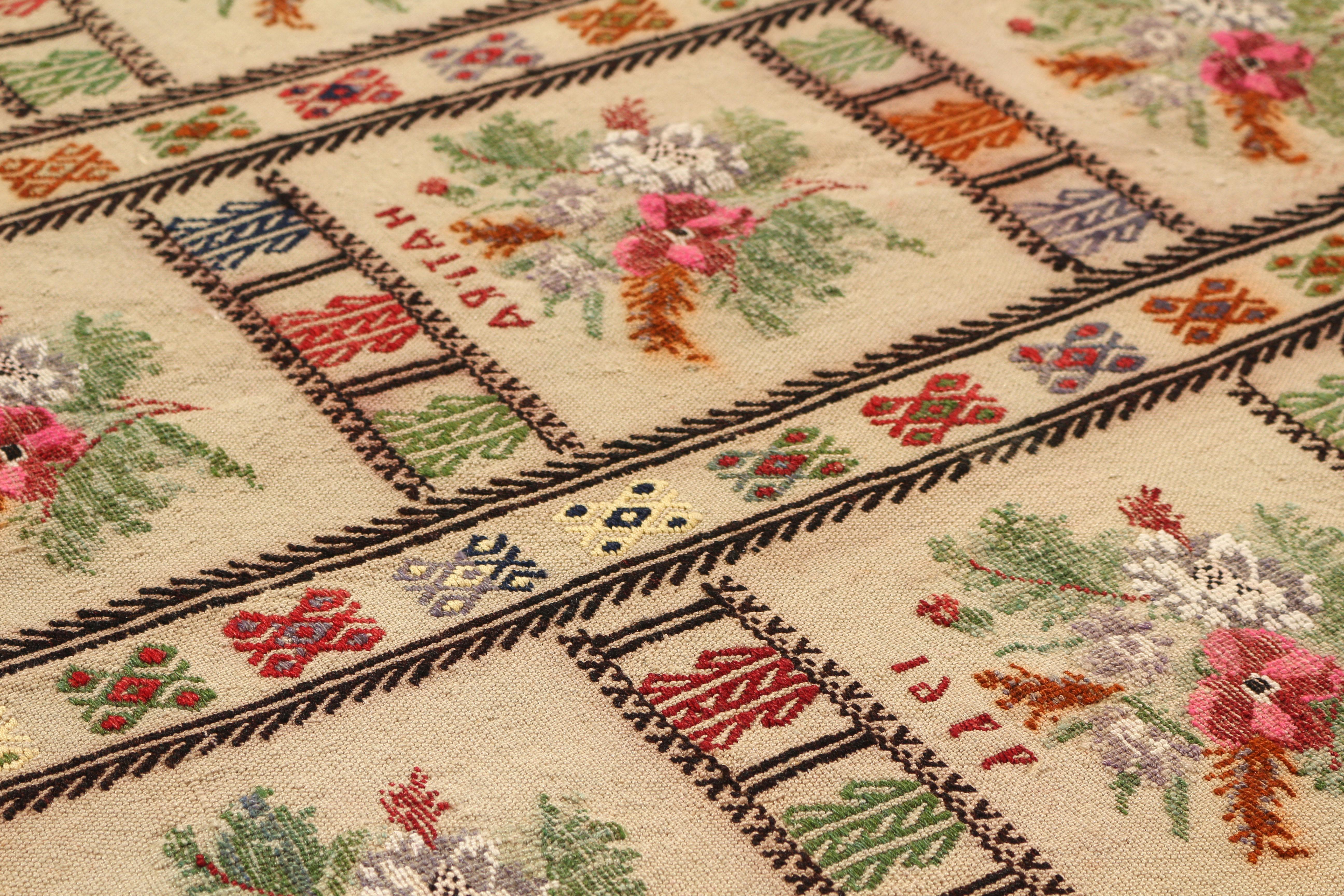 Tribal Rare Vintage Kilim In Beige-Brown With Multicolor Floral Patterns By Rug & Kilim For Sale