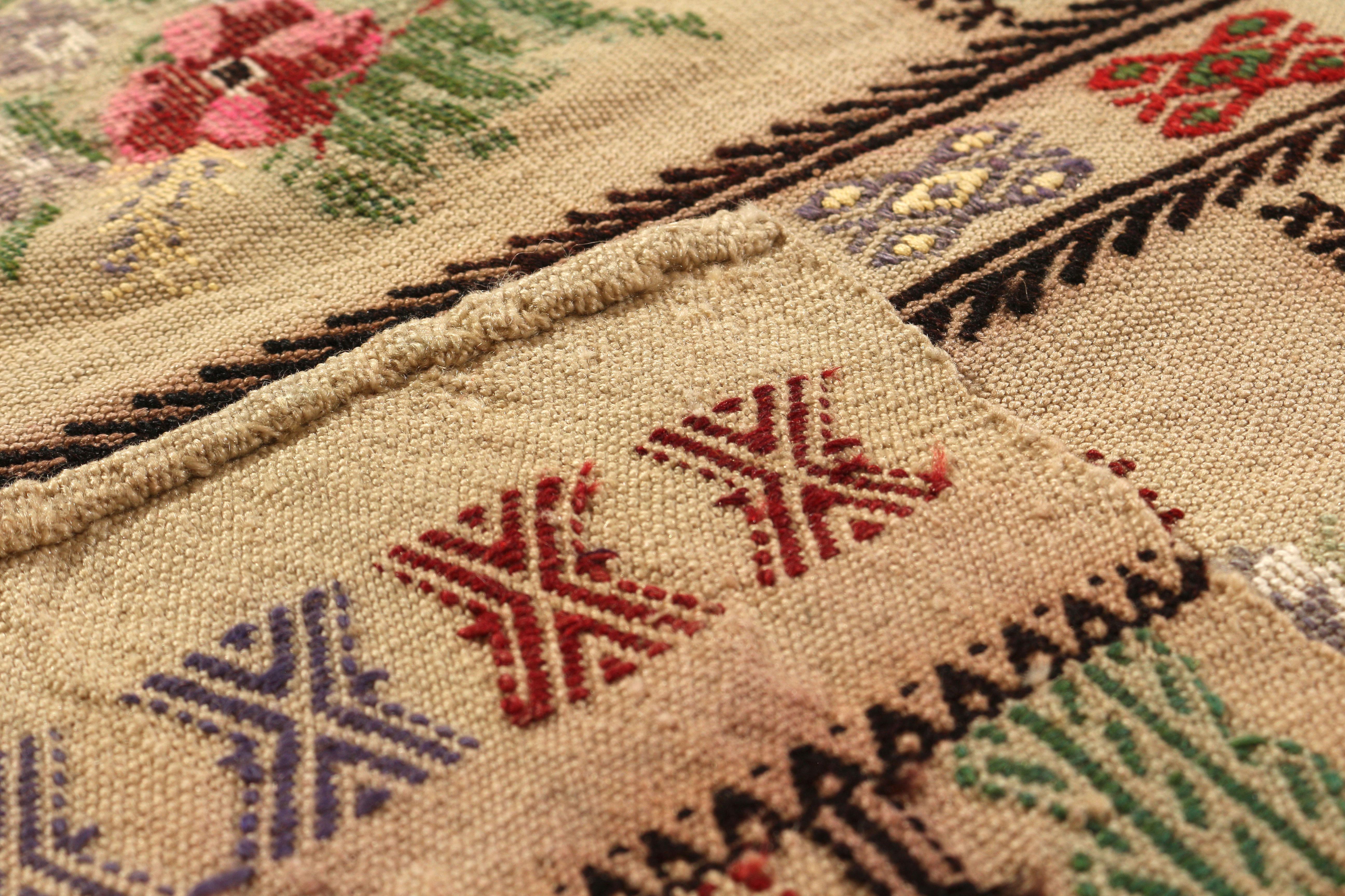 Hand-Knotted Rare Vintage Kilim In Beige-Brown With Multicolor Floral Patterns By Rug & Kilim For Sale