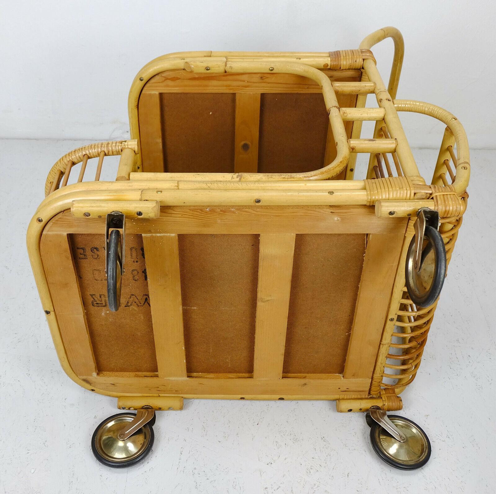 Mid-Century Modern 1950s Midcentury Trolley Bamboo Serving Cart en vente