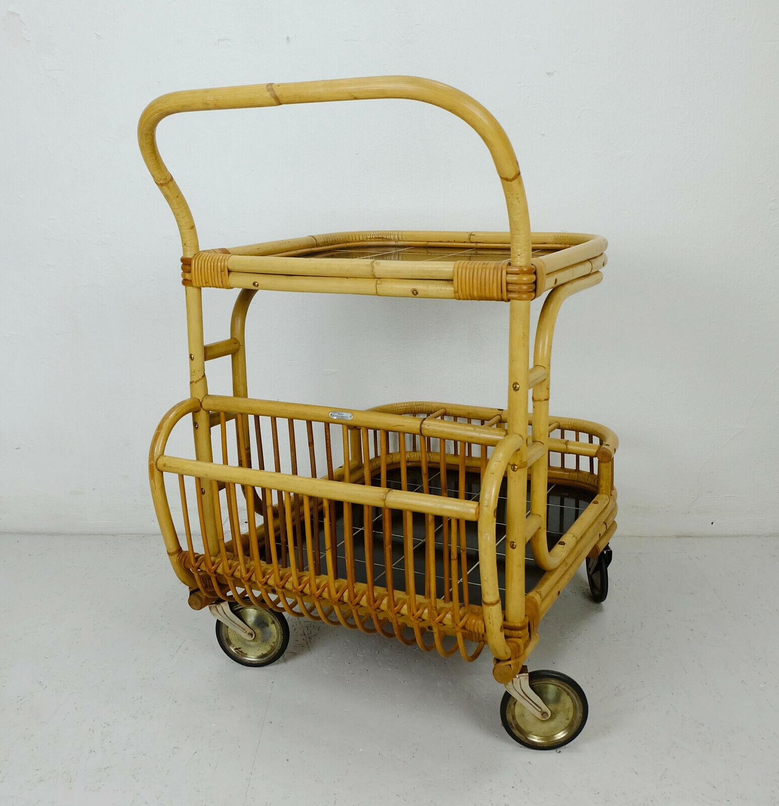 Européen 1950s Midcentury Trolley Bamboo Serving Cart en vente