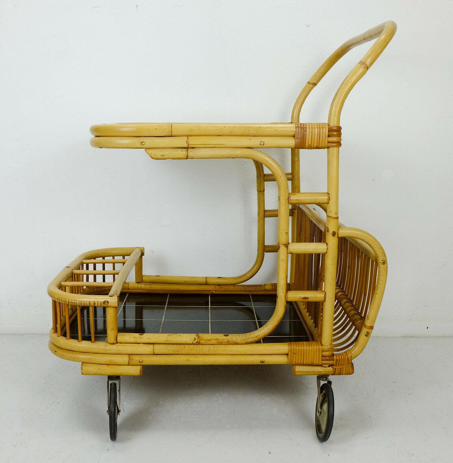 European 1950s Midcentury Trolley Bamboo Serving Cart For Sale