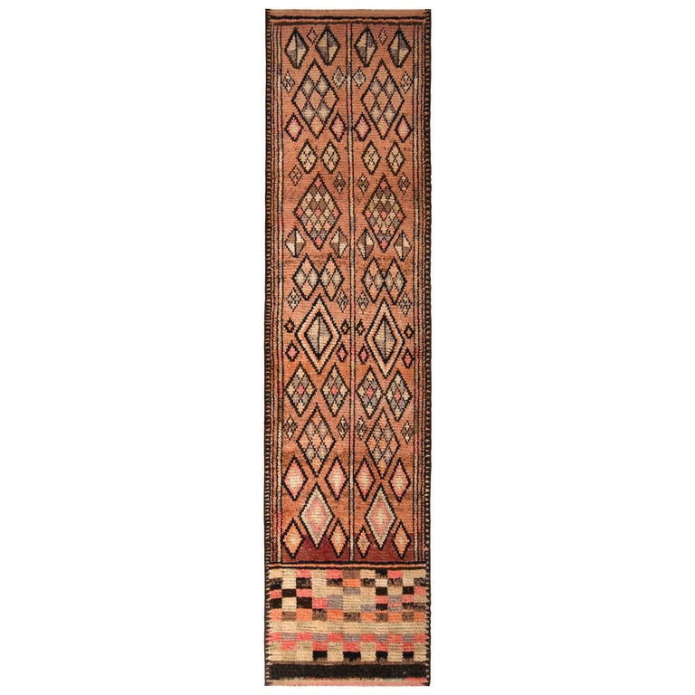 1950s Midcentury Turkish Rug Beige Pink Runner Geometric Pattern by Rug ...