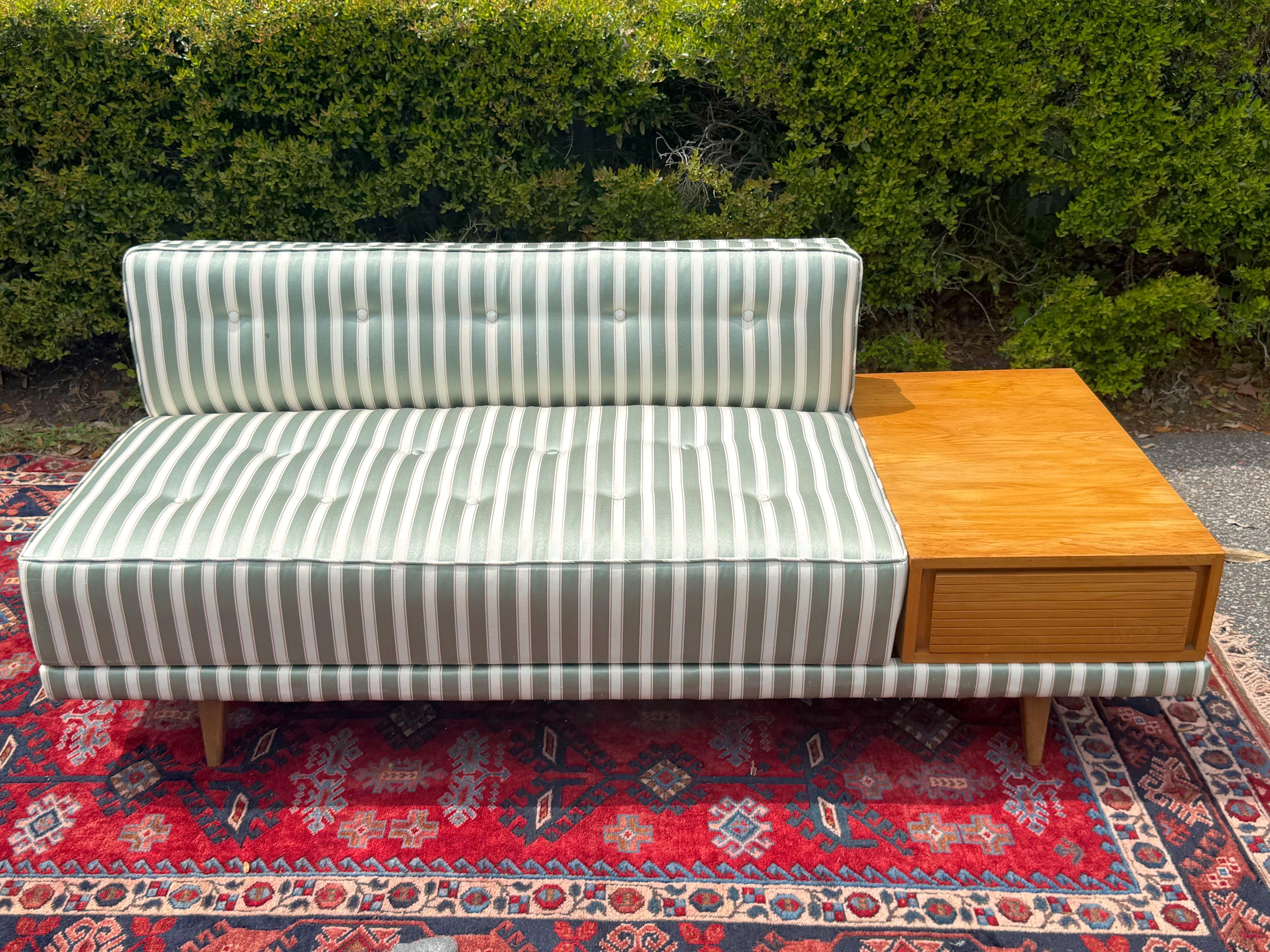 Unknown 1950s Mid-Century Upholstered Chaise With Attached Table For Sale