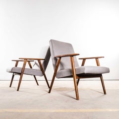 1950’s Mid Century Upholstered Grey Armchairs With Straight Arms and Top Caps
