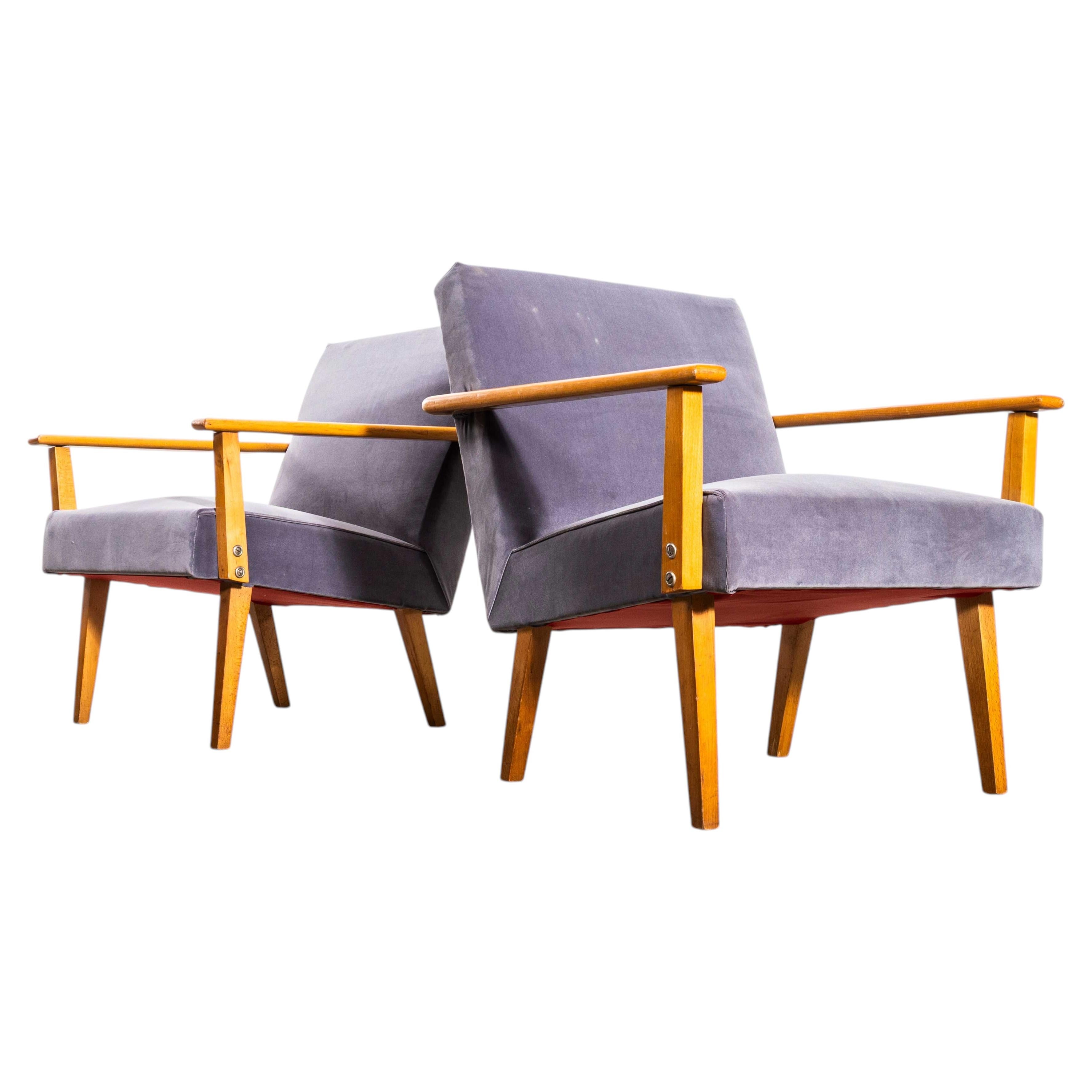 1950’s Mid Century Upholstered Grey Armchairs With Straight Arms