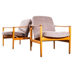 1950’s Mid Century Upholstered Grey Brushed Cotton Armchairs With Straight Arms