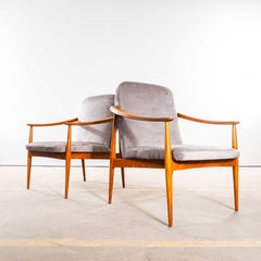 1950’s Mid Century Upholstered Light Grey Armchairs With Straight Arms