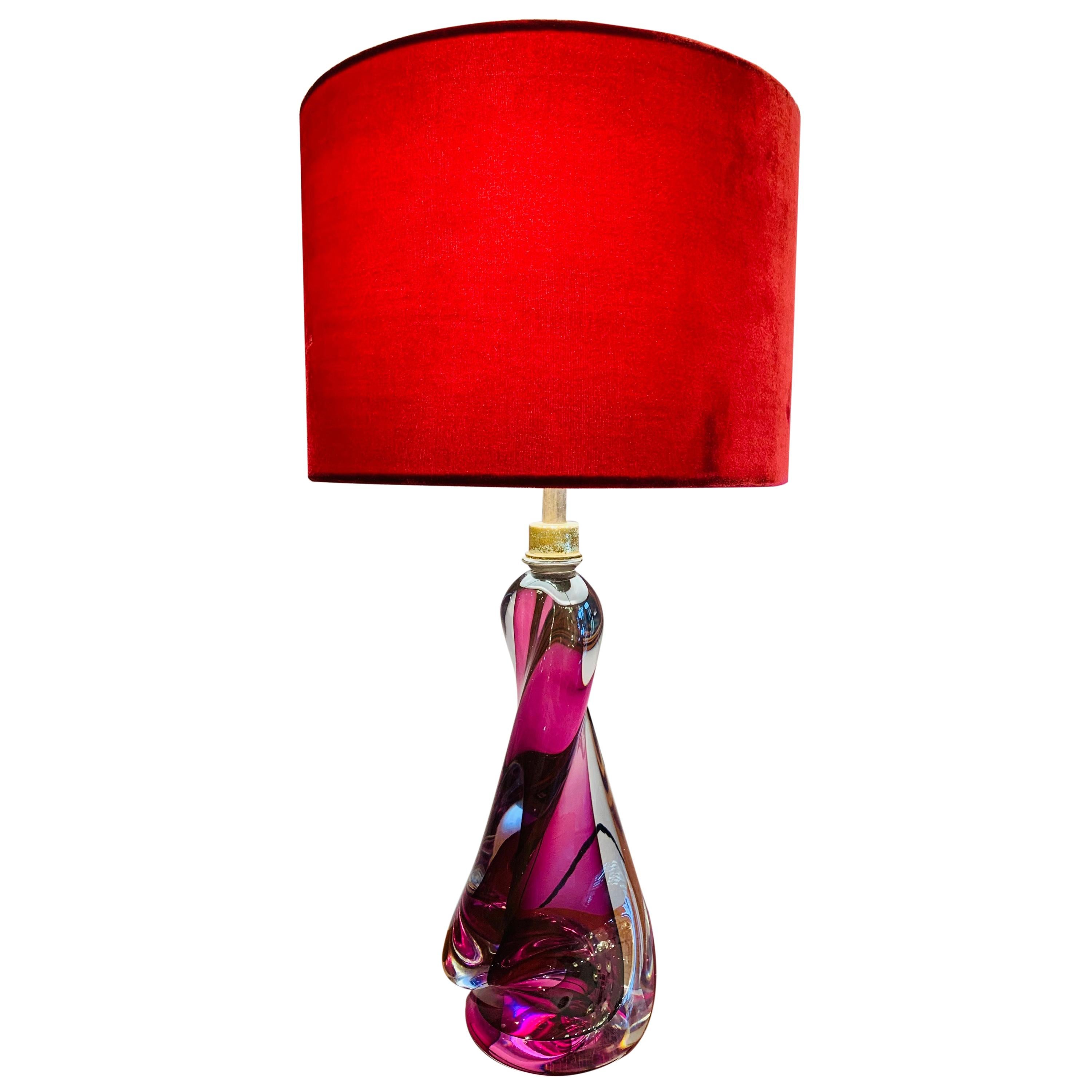 1950s Midcentury Val St Lambert Twisted Purple Glass Lamp Base Inc Shade