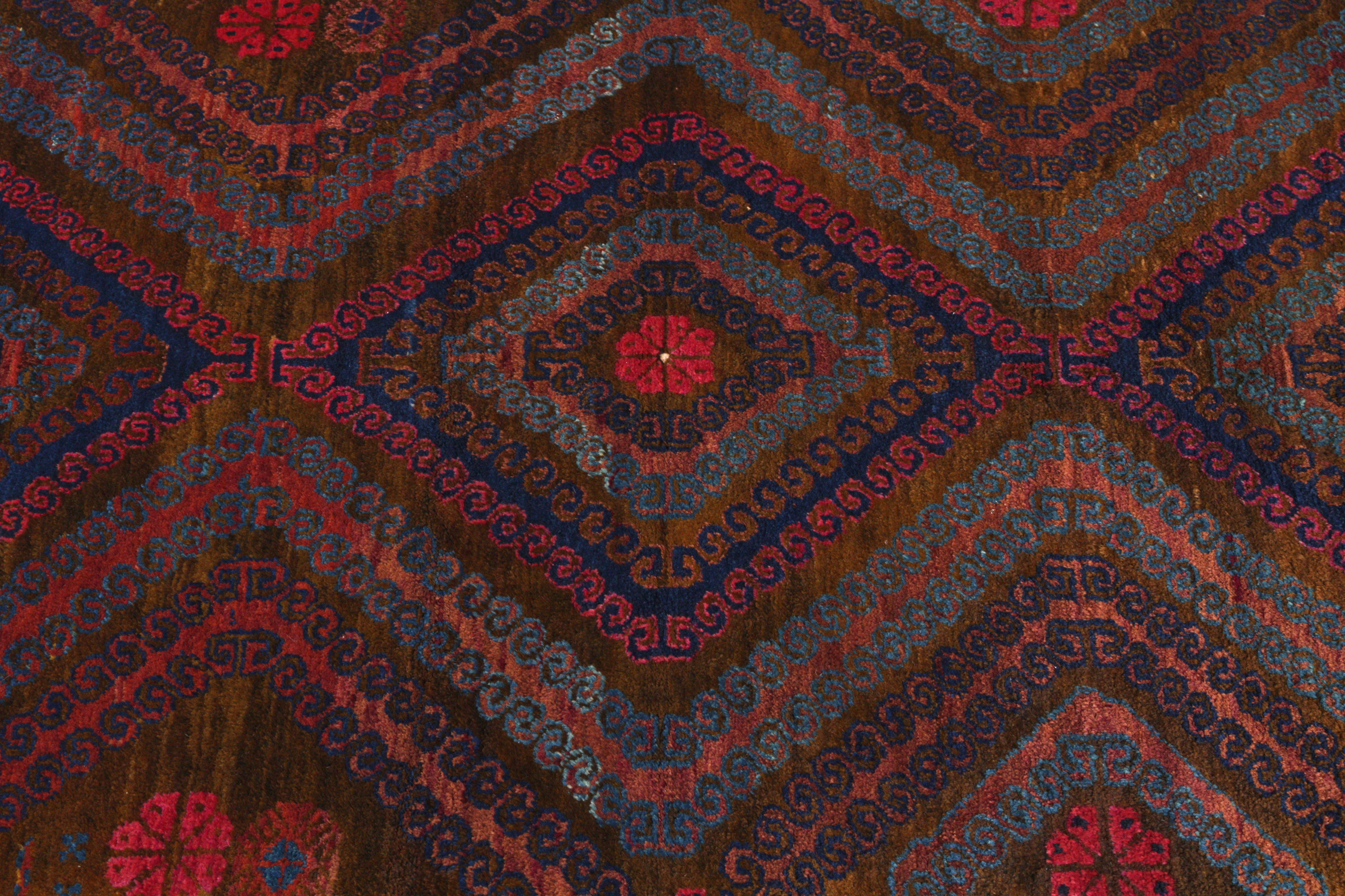 Hand-Knotted 1950s Midcentury Vintage Baluch Rug Brown Blue and Pink Persian Tribal
