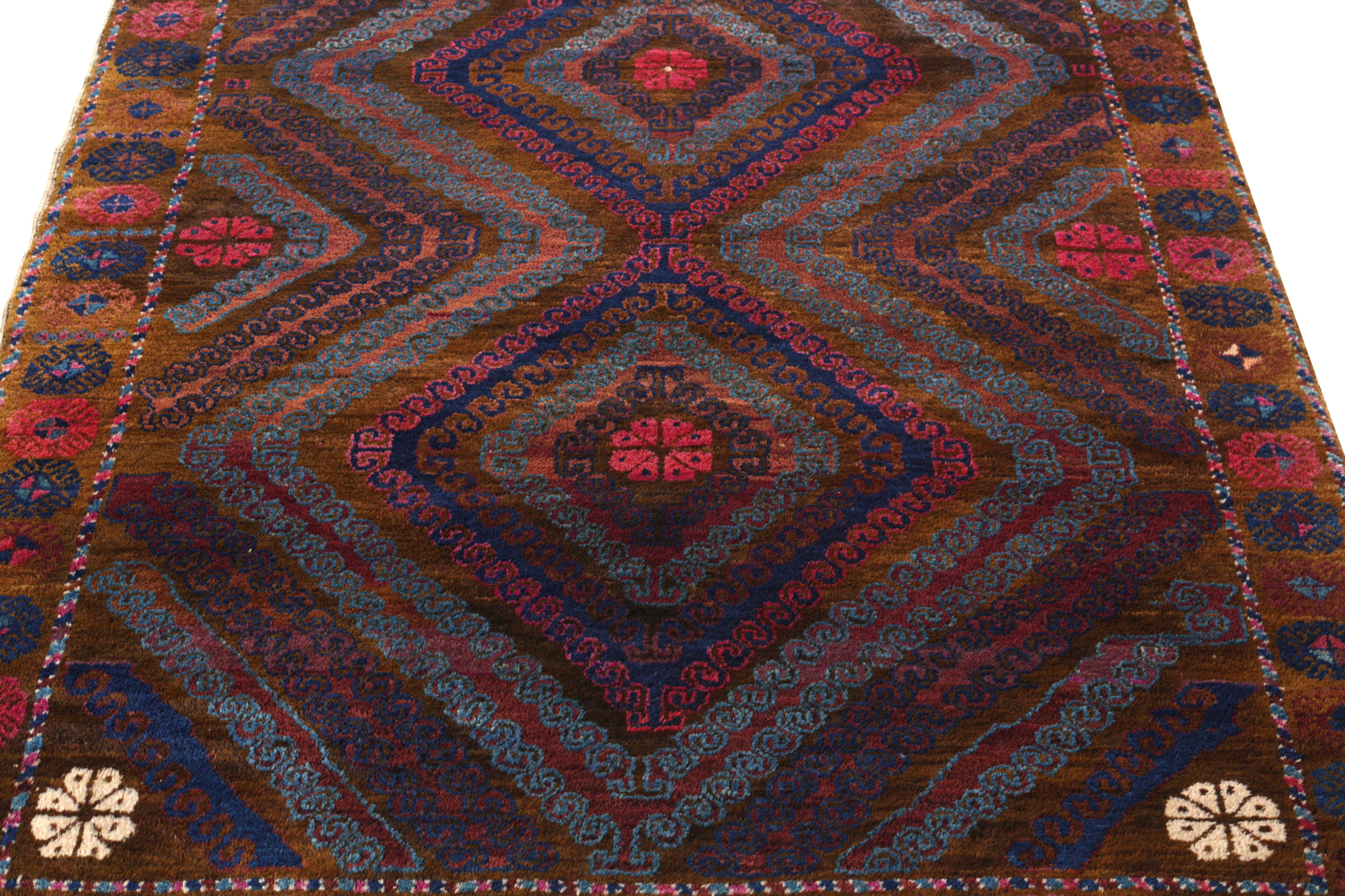 1950s Midcentury Vintage Baluch Rug Brown Blue and Pink Persian Tribal In Good Condition In Long Island City, NY
