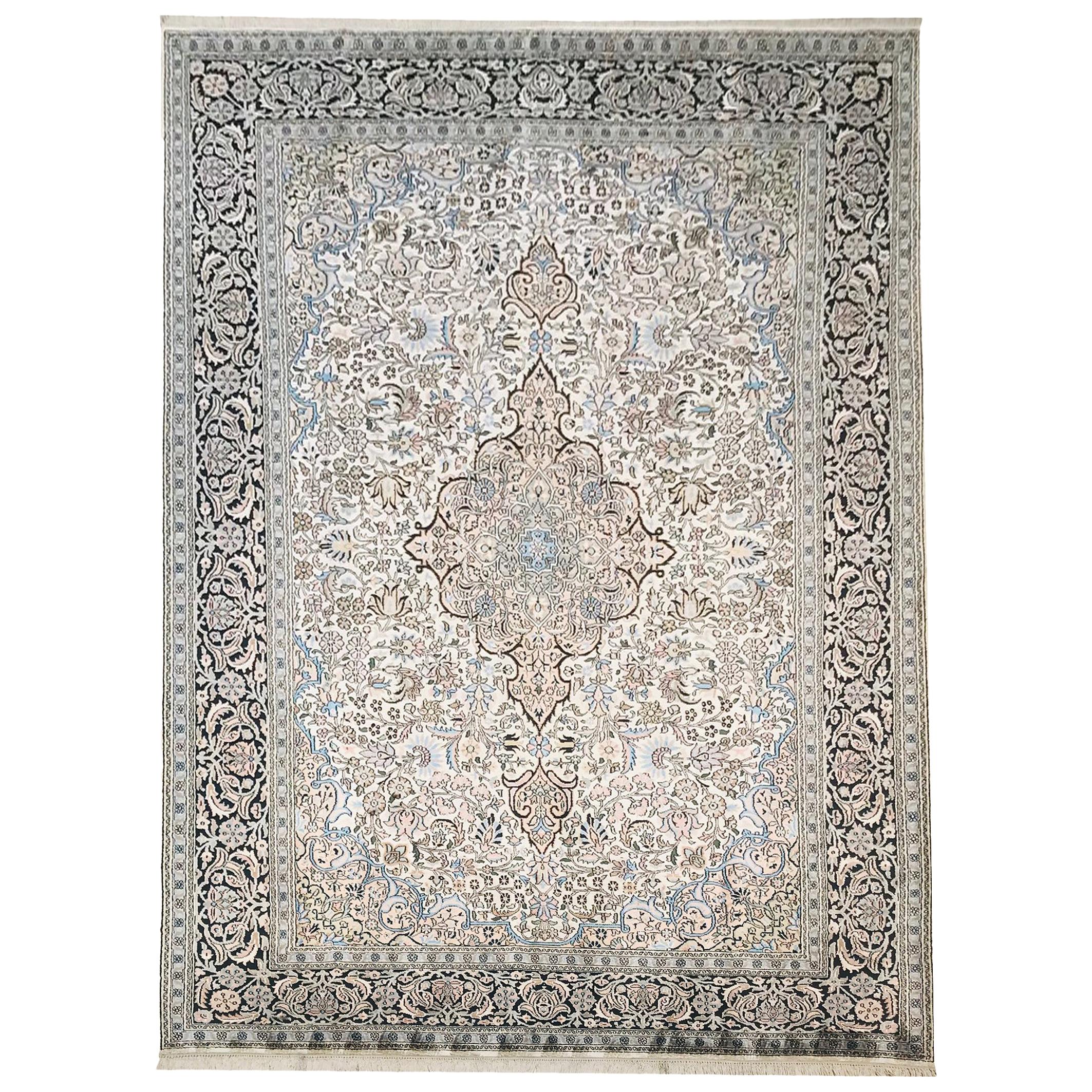 20th Century Vintage Indian Kashmir Rug Hand Knotted Silk For Sale