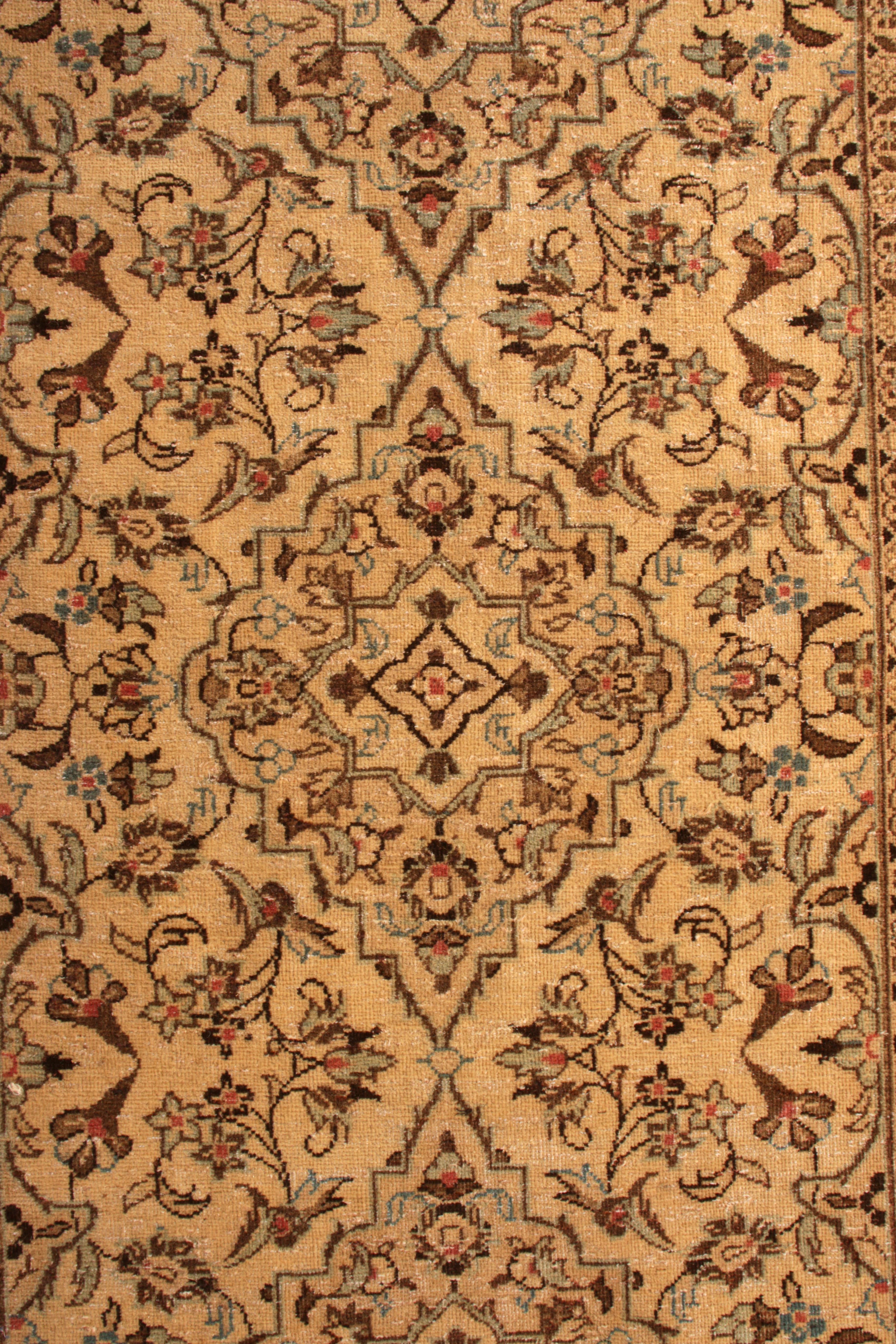 1950s Midcentury Vintage Kashan Runner Beige Persian Floral Rug by Rug & Kilim In Good Condition In Long Island City, NY