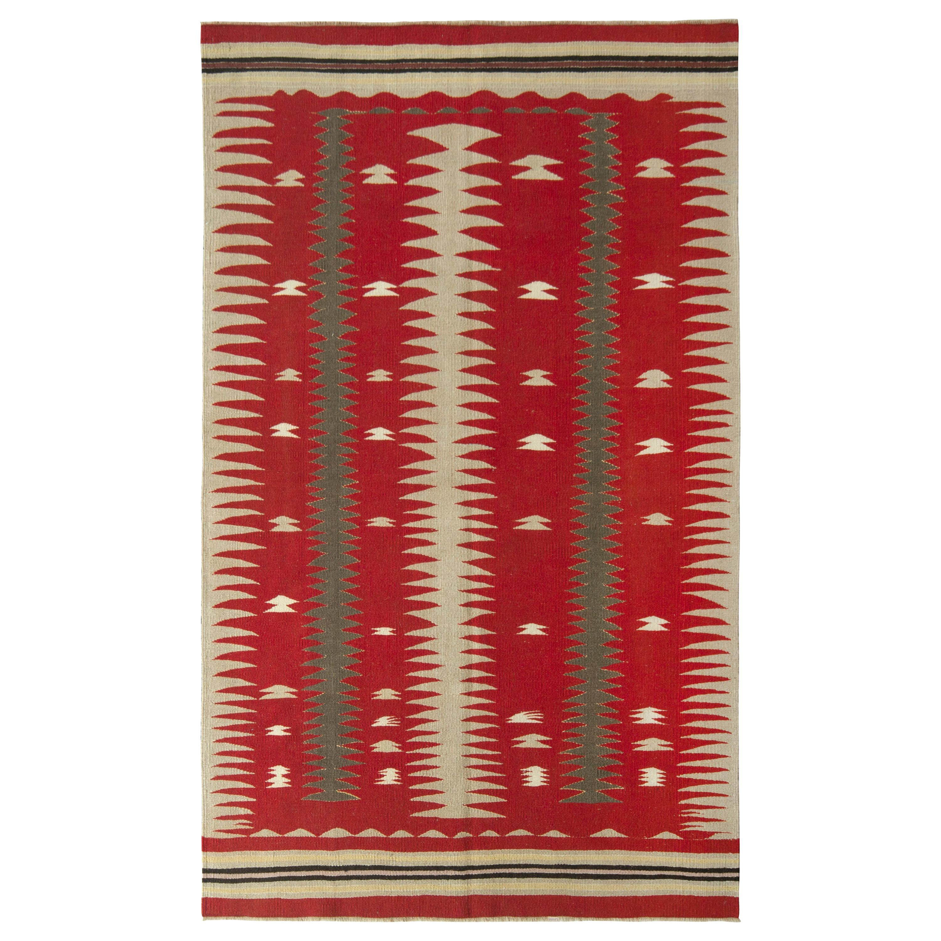 1950s Midcentury Vintage Kilim Rug Beige Red Tribal Pattern by Rug & Kilim