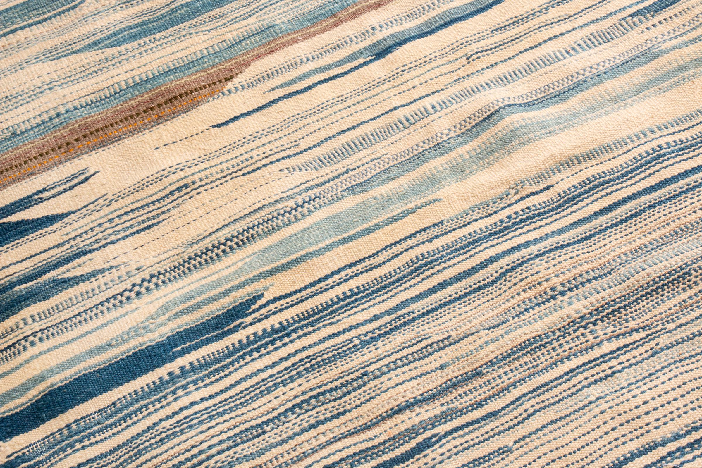 Hand-Woven 1950s Midcentury Vintage Moroccan Kilim Beige Blue Striped Flat-Weave