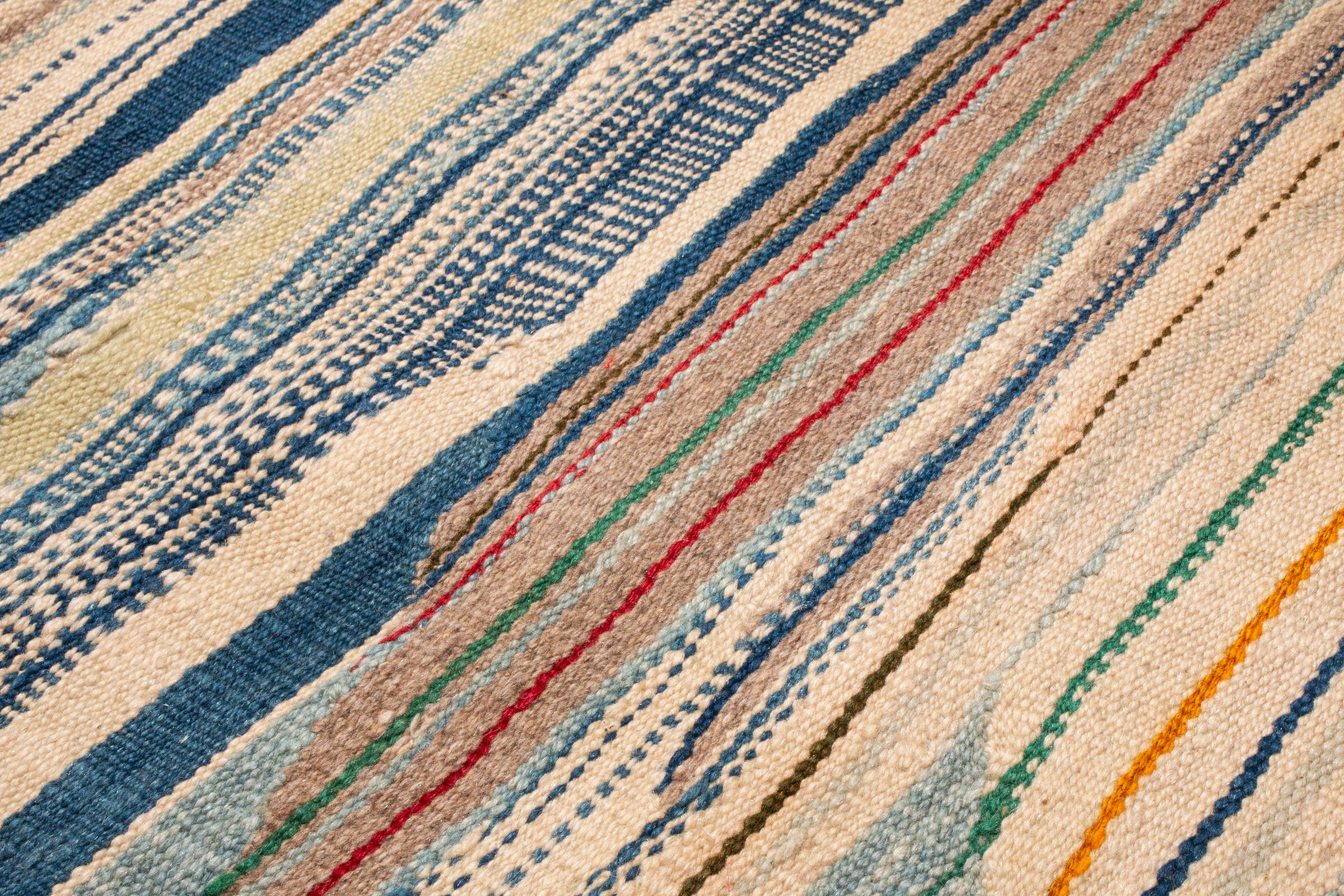 1950s Midcentury Vintage Moroccan Kilim Beige Blue Striped Flat-Weave In Good Condition In Long Island City, NY