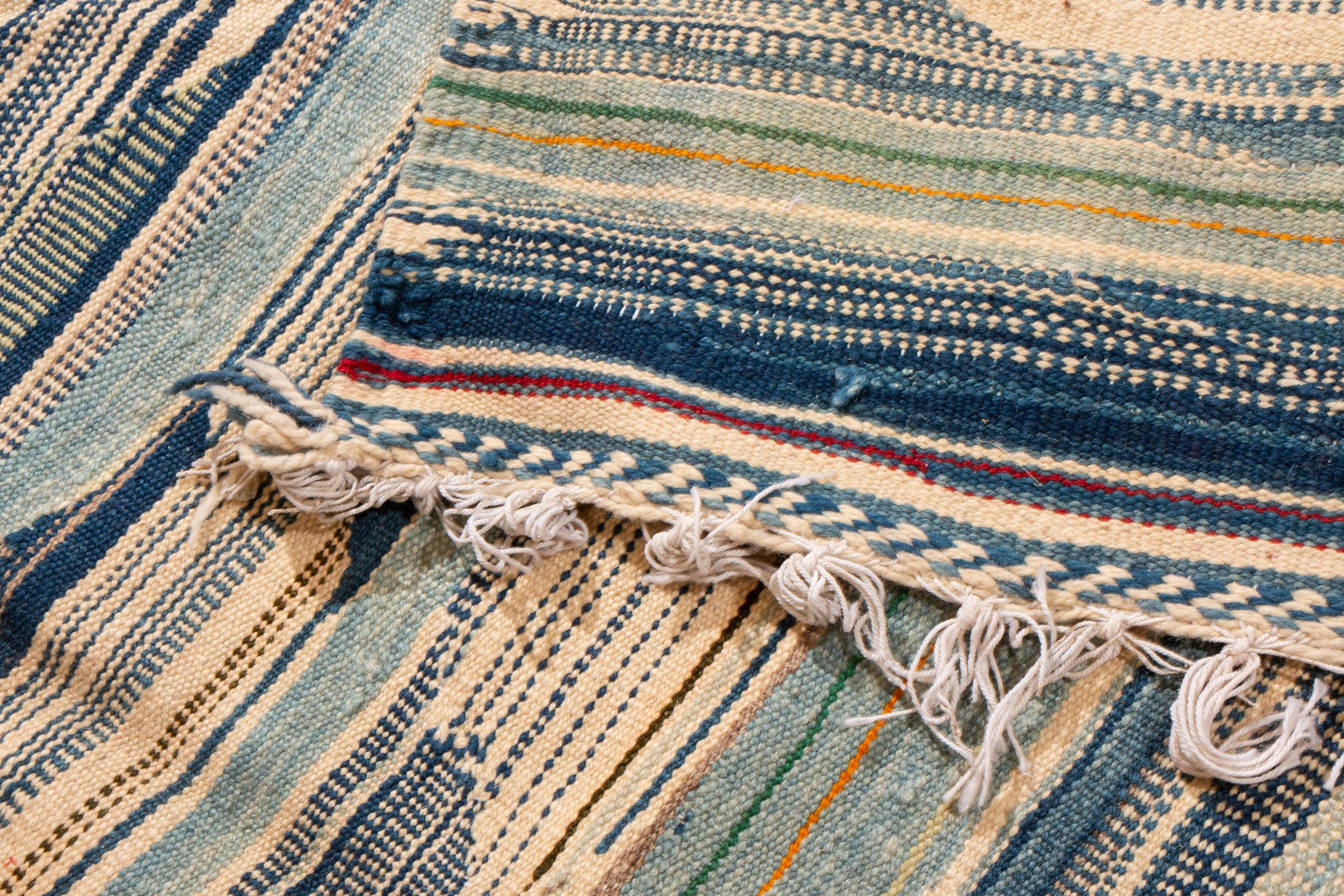 Mid-20th Century 1950s Midcentury Vintage Moroccan Kilim Beige Blue Striped Flat-Weave