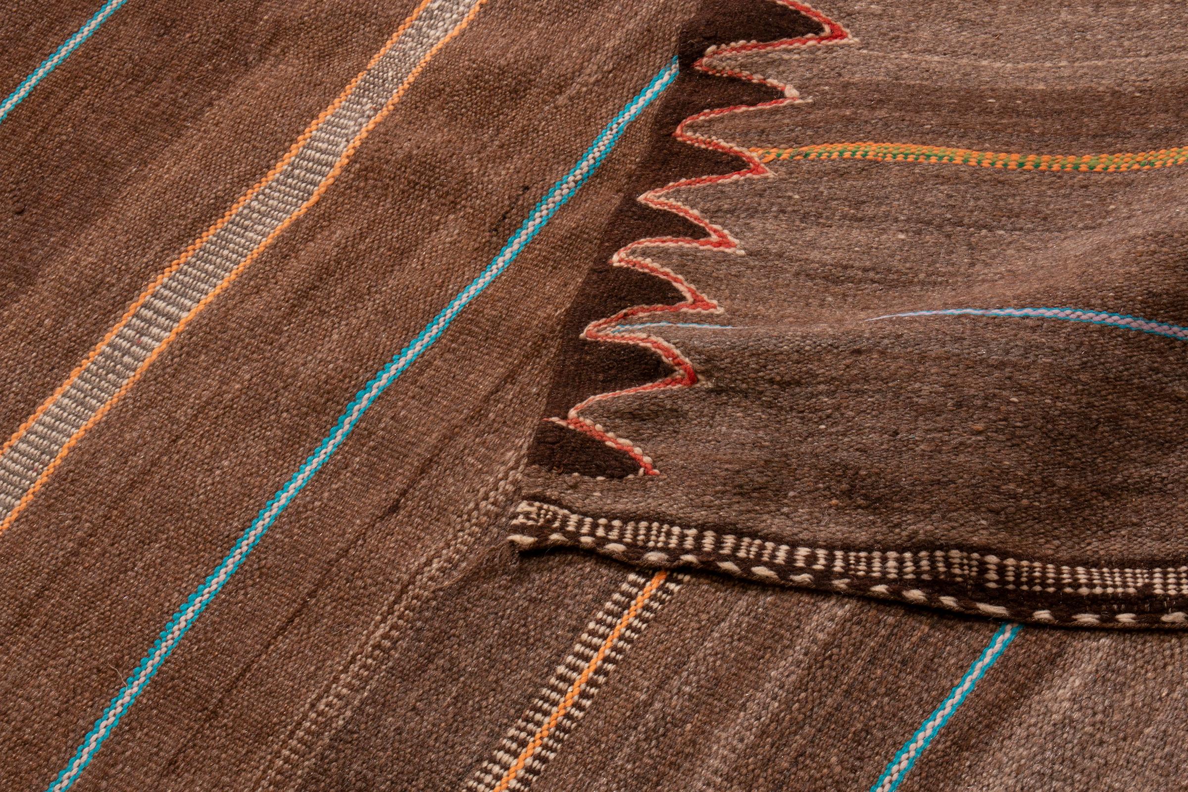 Mid-20th Century 1950s Midcentury Vintage Moroccan Kilim Striped Brown Berber Flat-Weave