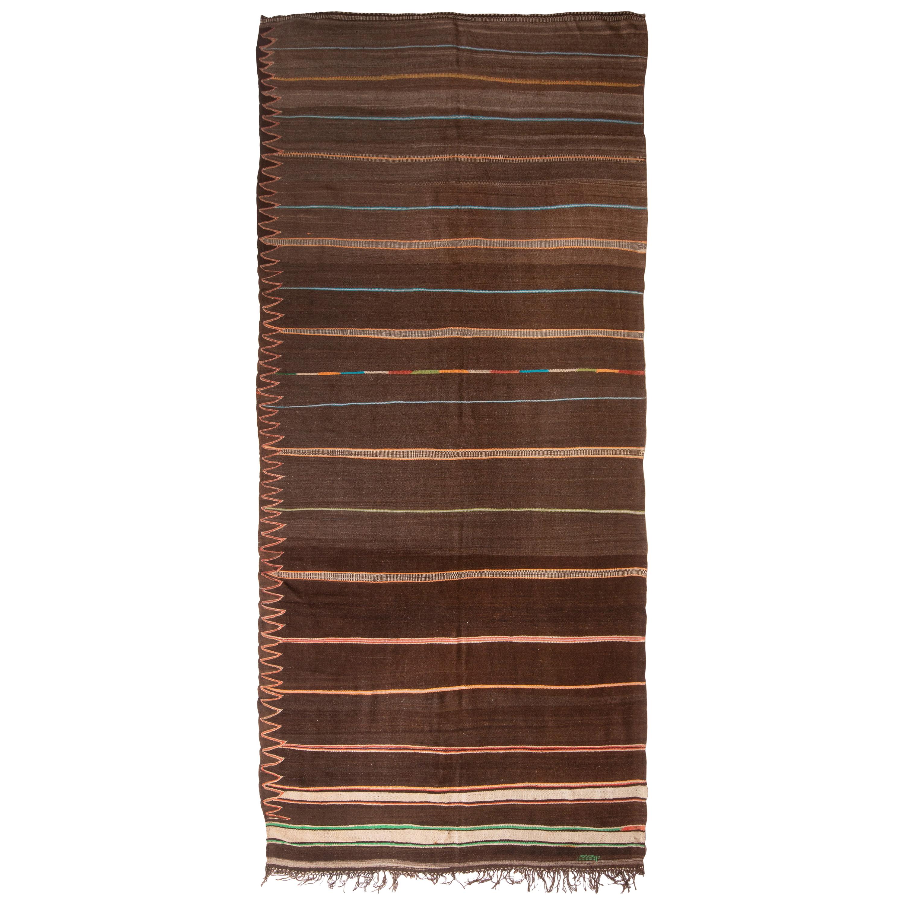1950s Midcentury Vintage Moroccan Kilim Striped Brown Berber Flat-Weave