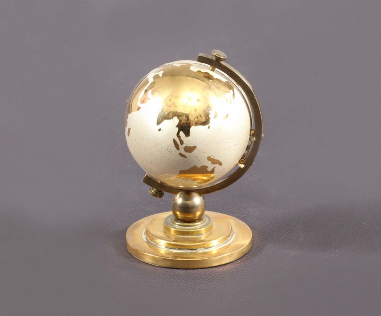1950s MidCentury World Globe Brass Table Alarm Clock by Europa