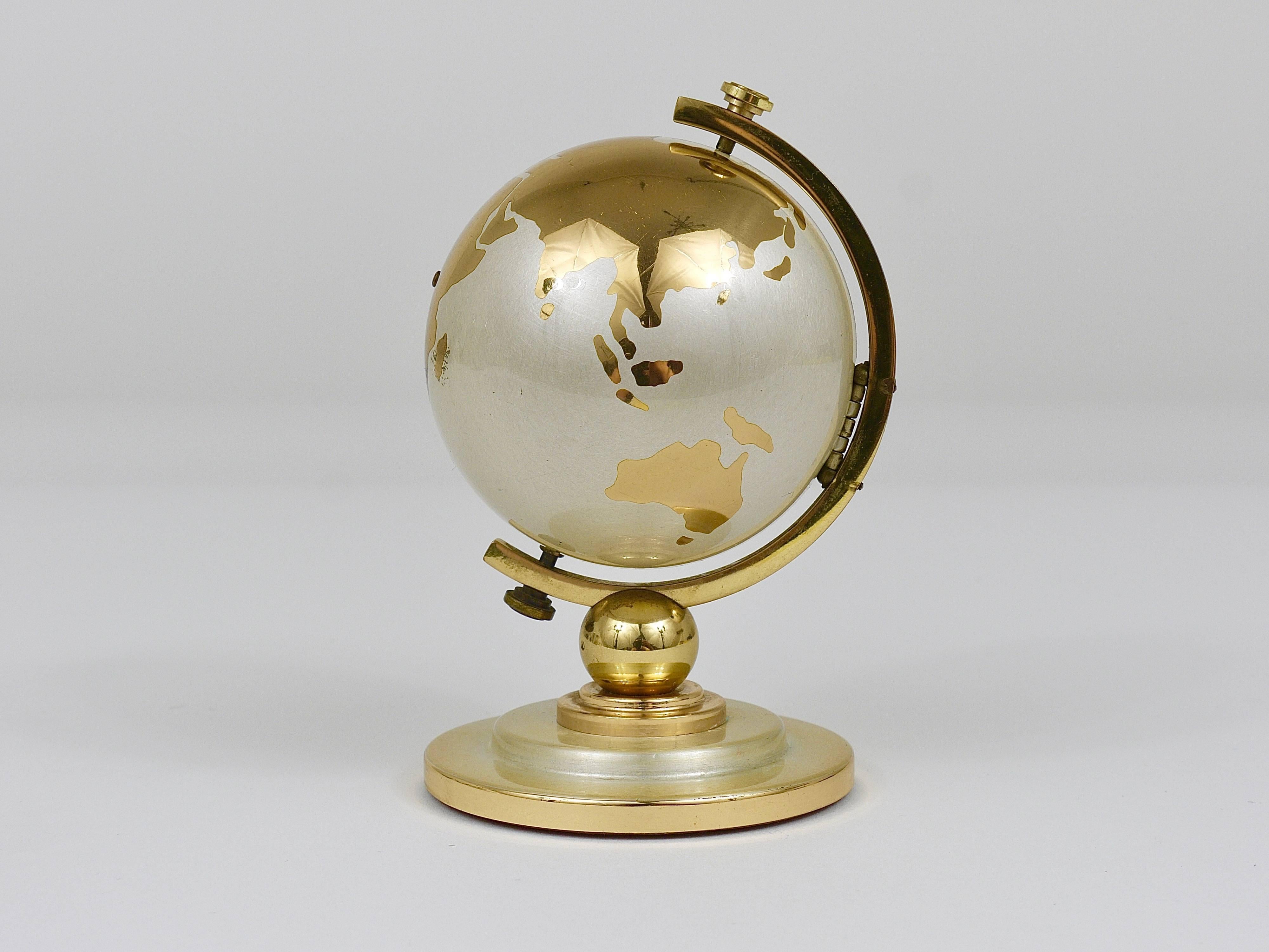 Mid-Century Modern 1950s Mid-Century World Globe Brass Table Alarm Clock by Europe, Germany, 1950s
